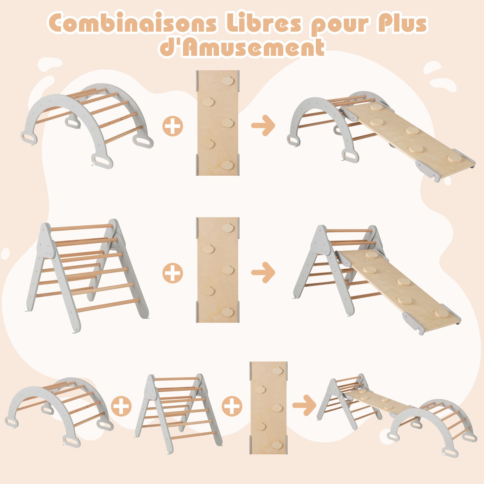 7 en 1 Triangle Arche Montessori, Arche d'escalade Enfants avec Toboggan Bois,Rampe, Échelle Réglable, pour Tout-Petits Bébé 1 Ans+(Gris Naturel) - 7