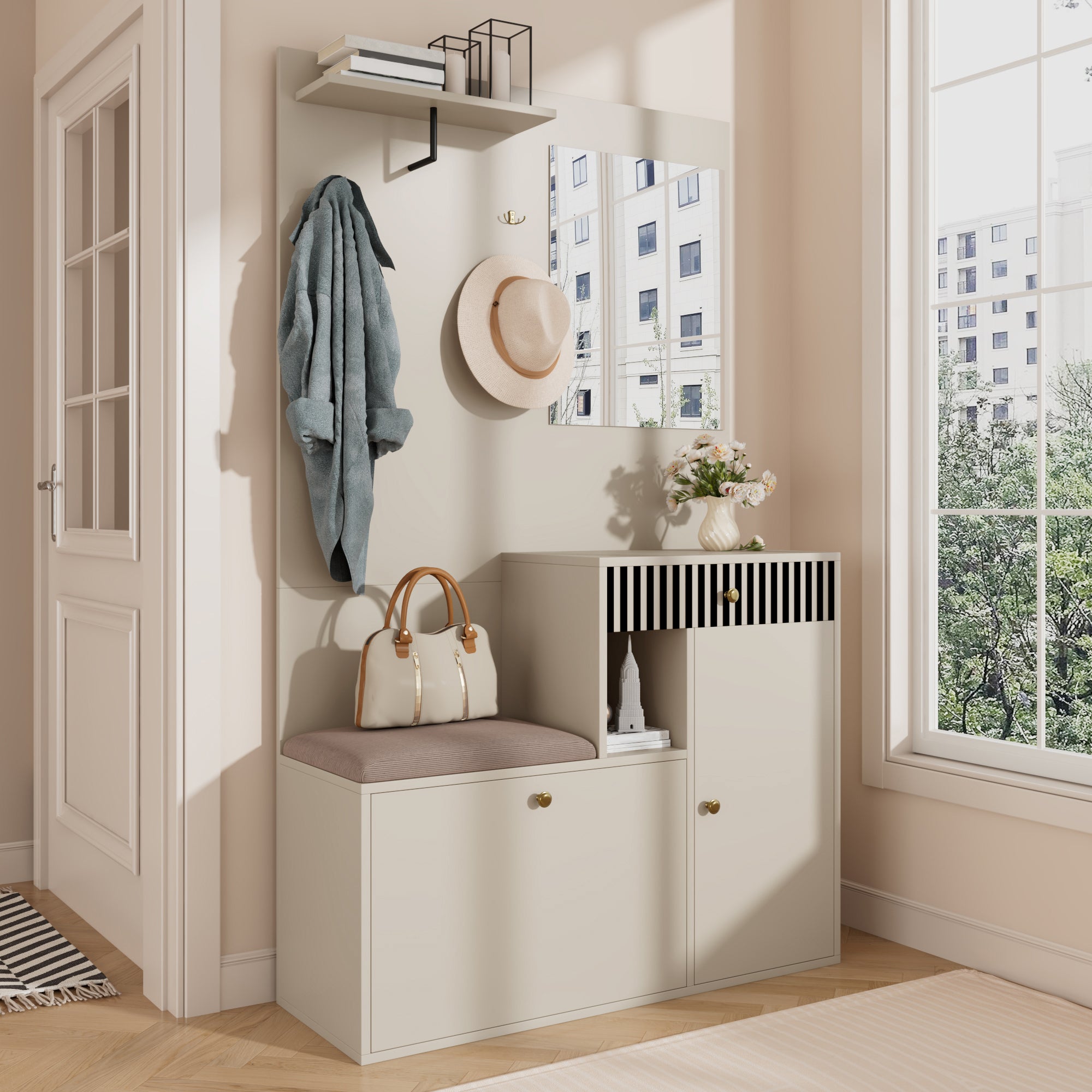 Ensemble de vestiaire d’entrée avec miroir, coussin, tiroirs et étagères – meuble compact de rangement 110x185,5x37 cm - 5