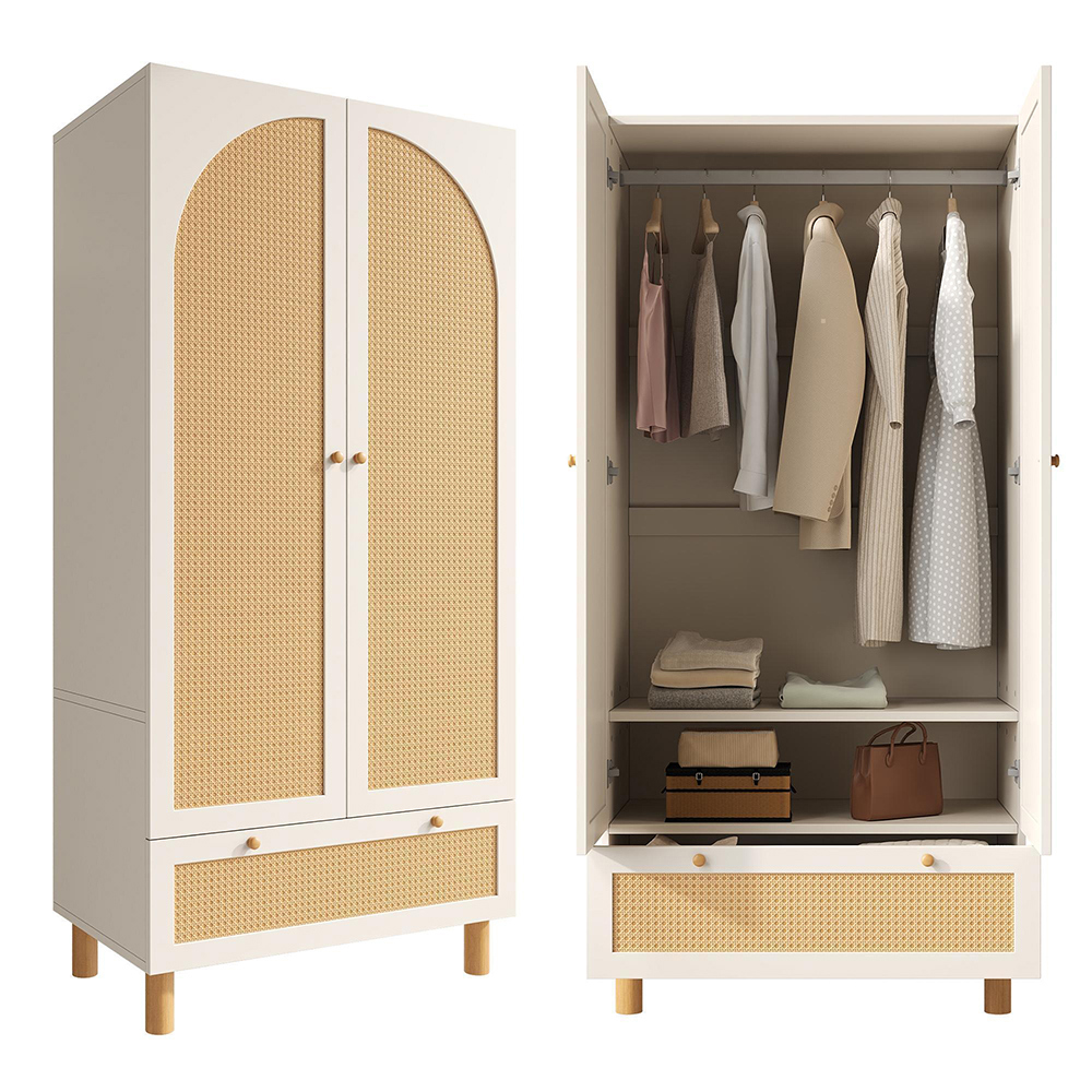 Armoire penderie à 2 portes et rotin blanc avec grand tiroir étagères réglables en hauteur - 2