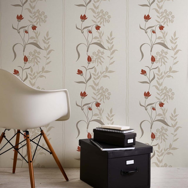 Papier peint fleuri intissé beige, gris & rouge Tapisserie fleurie grise & beige chambre adulte Papier peint motif floral salon