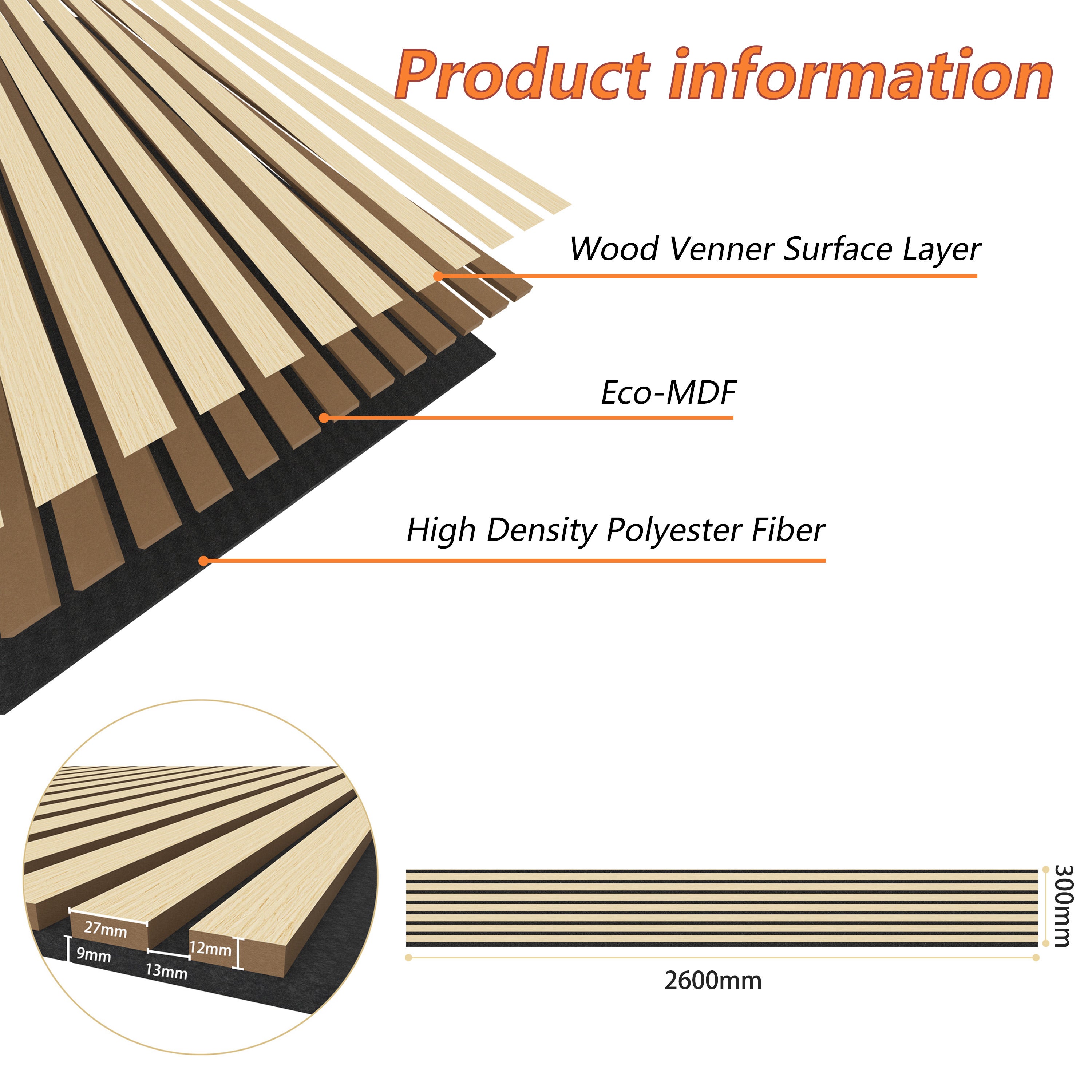 Lot de 3 Panneaux Muraux Décoratifs Acoustiques Bois MDF 260x30cm couleur chêne AntiBruit, Facile à Poser - 3