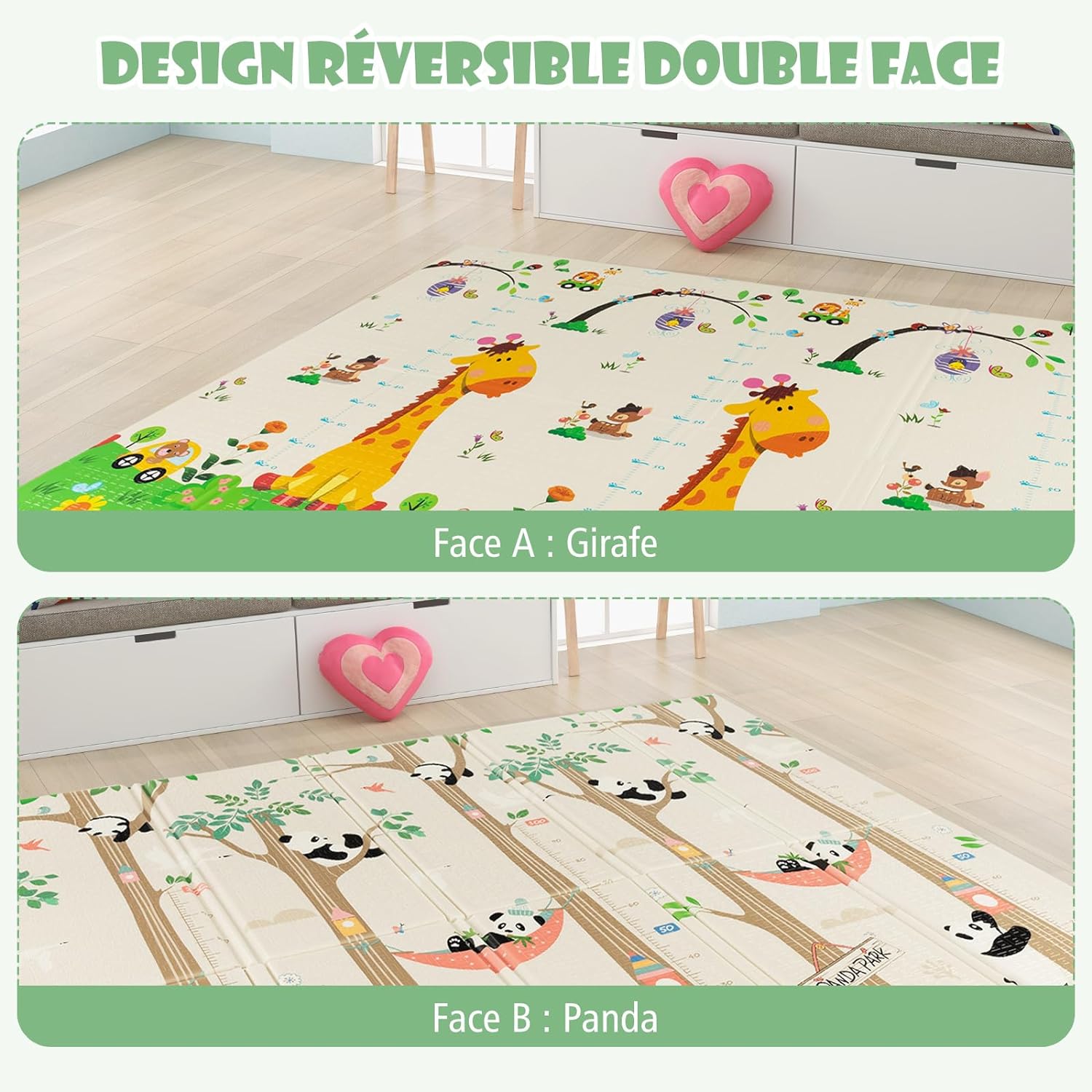 Tapis de Jeu Bébé Pliable 200x180x1,4cm, Tapis de Sol XXL en XPE Imperméable(Girafe+Panda) - 2