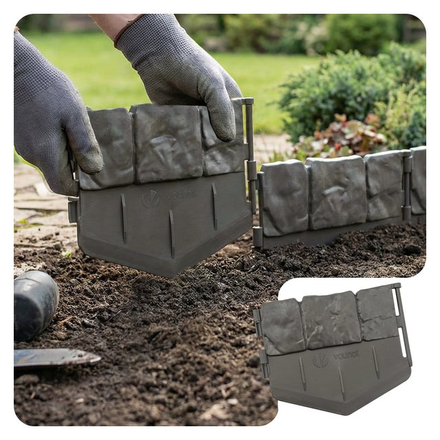 Bordure de jardin imitation pierre 10.7m gris - hauteur 14cm - clôture gazon décorative ultra résistant - lot de 70 - VOUNOT®