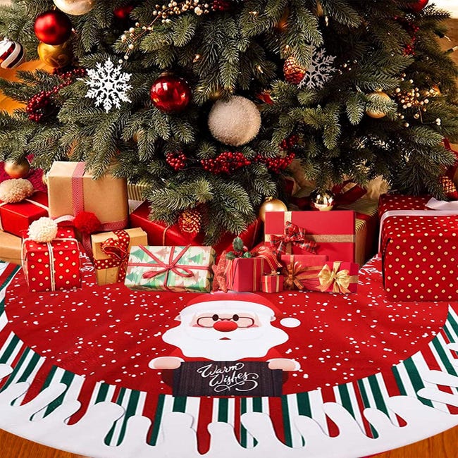 Falda De árbol De Navidad Roja De Felpa - Diámetro 120 Cm, Con Motivos Navideños, Para Regalos Y Decoración