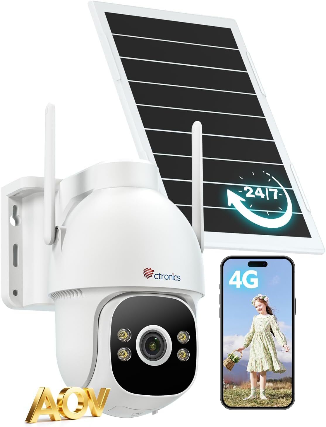 Ctronics Solarna Kamera Monitoringu 4G AOV – Nagrywanie 24/7, Bateria 15 600 mAh, Panel 8W, Wykrywanie Ludzi, Automatyczne Śledzenie 30 m, Karta SIM