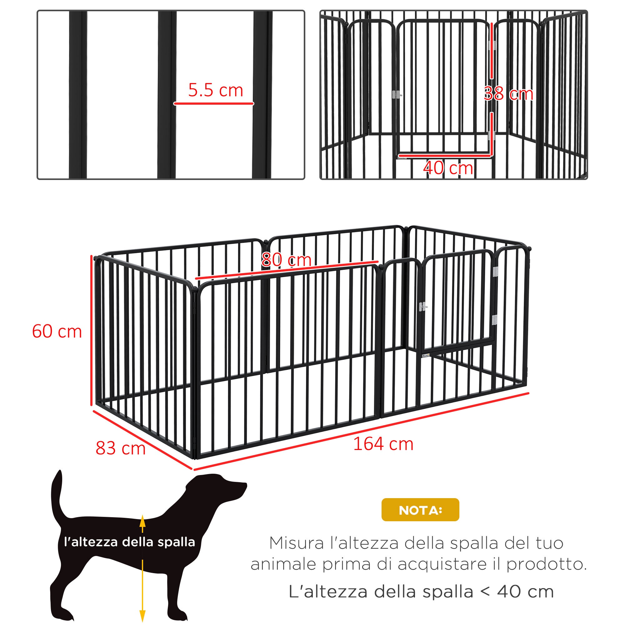 PawHut Recinto per Cani a 6 Pannelli Modulabili da Interno ed Esterno, in Acciaio con 7 Picchetti, 164x83x60 cm, Nero - 3