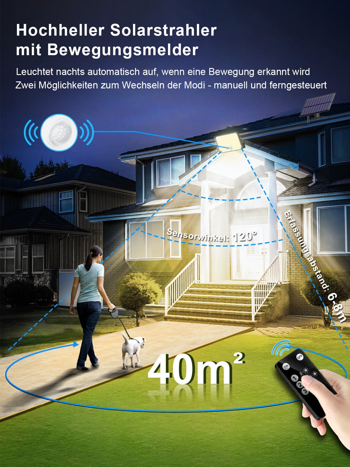 Lumière solaire à détecteur de mouvement, projecteur solaire 172LED avec télécommande, lumière de sécurité solaire étanche pour l'extérieur, 3Modes - 4
