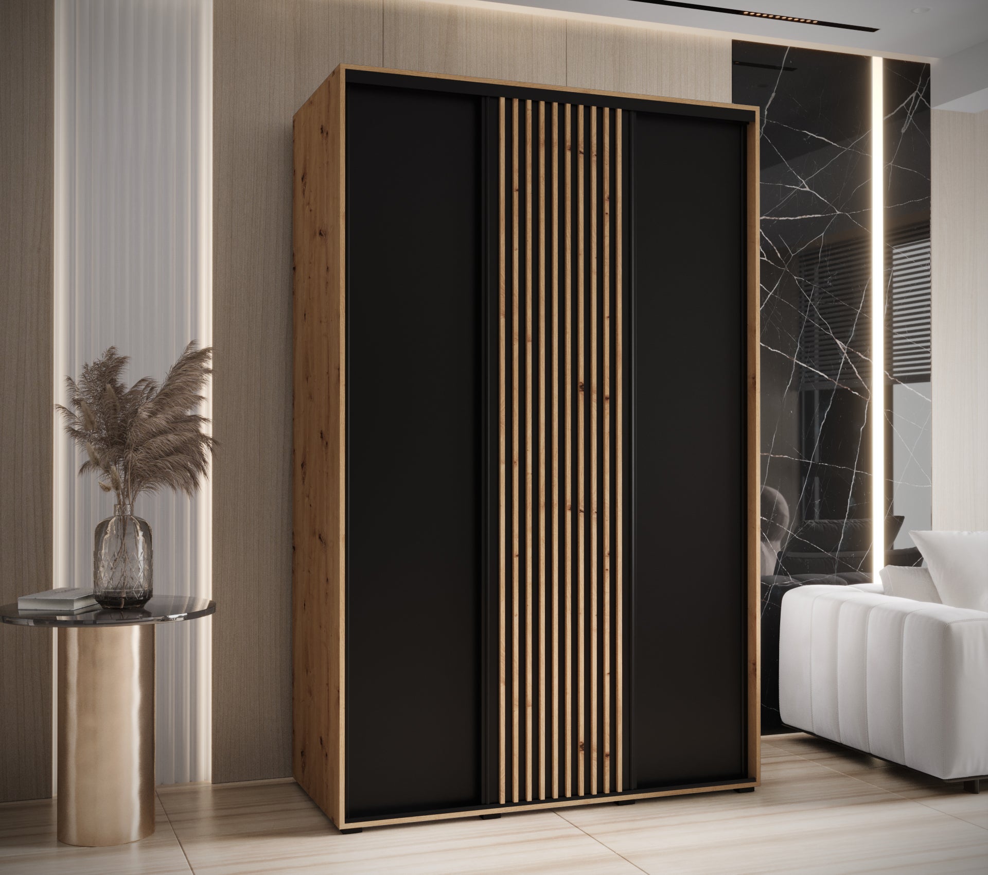 Szafa przesuwna wysoka Lanko 1 150 x 45 x 235,2 cm artisan + czarny + lamele artisan - Abiks Meble - 2