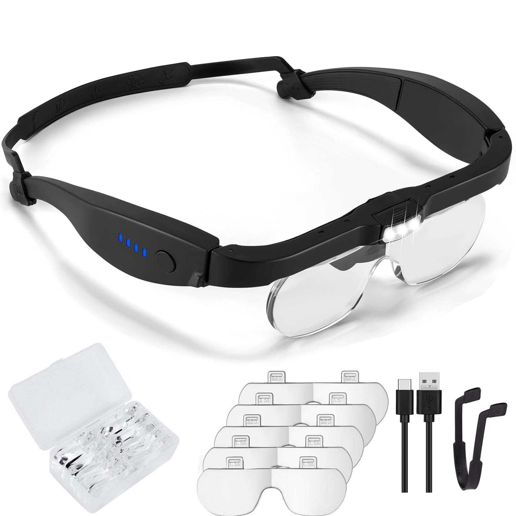 Lupa frontal recargable con luz, aumento de 0,75X a 4X, con