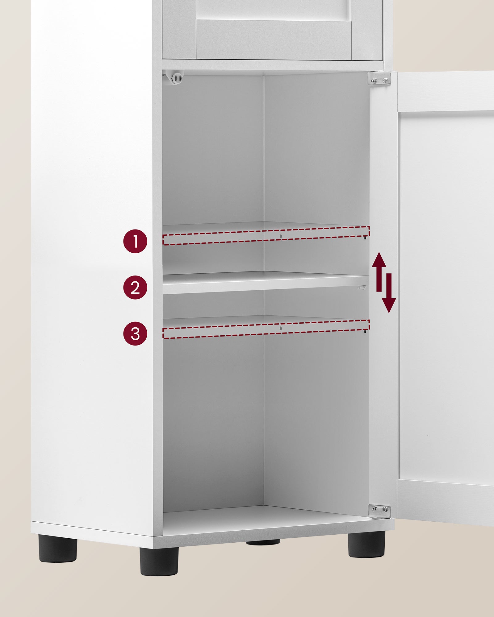 Meuble Salle de Bain, Colonne, Rangement avec Étagères Réglables, Placards à Porte, Tiroir, Compartiment, Gain de Place, Blanc Nuage - 4