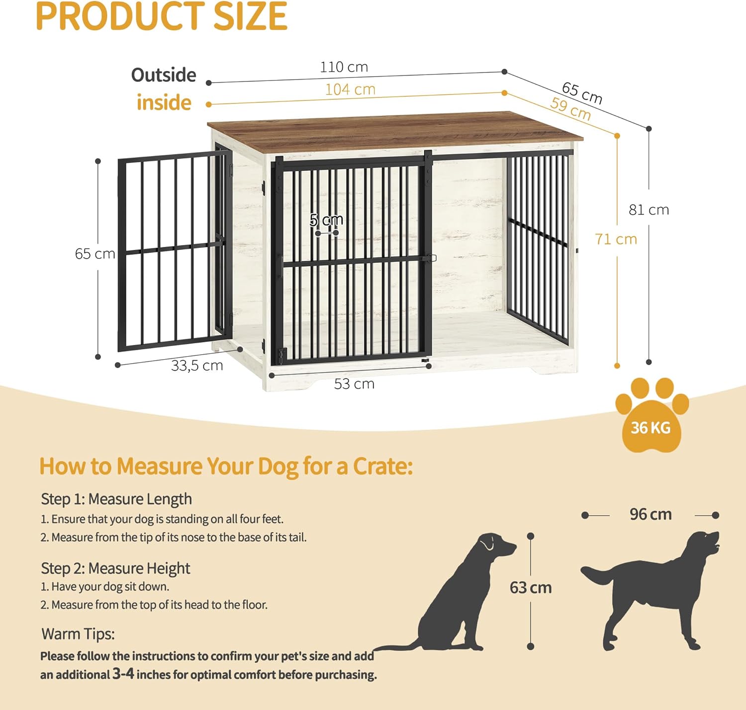 Caixa de transporte para cães, mesa de apoio, canil moderno, casota para cachorros, casota para animais de estimação, 2 portas, branco e castanho - 5