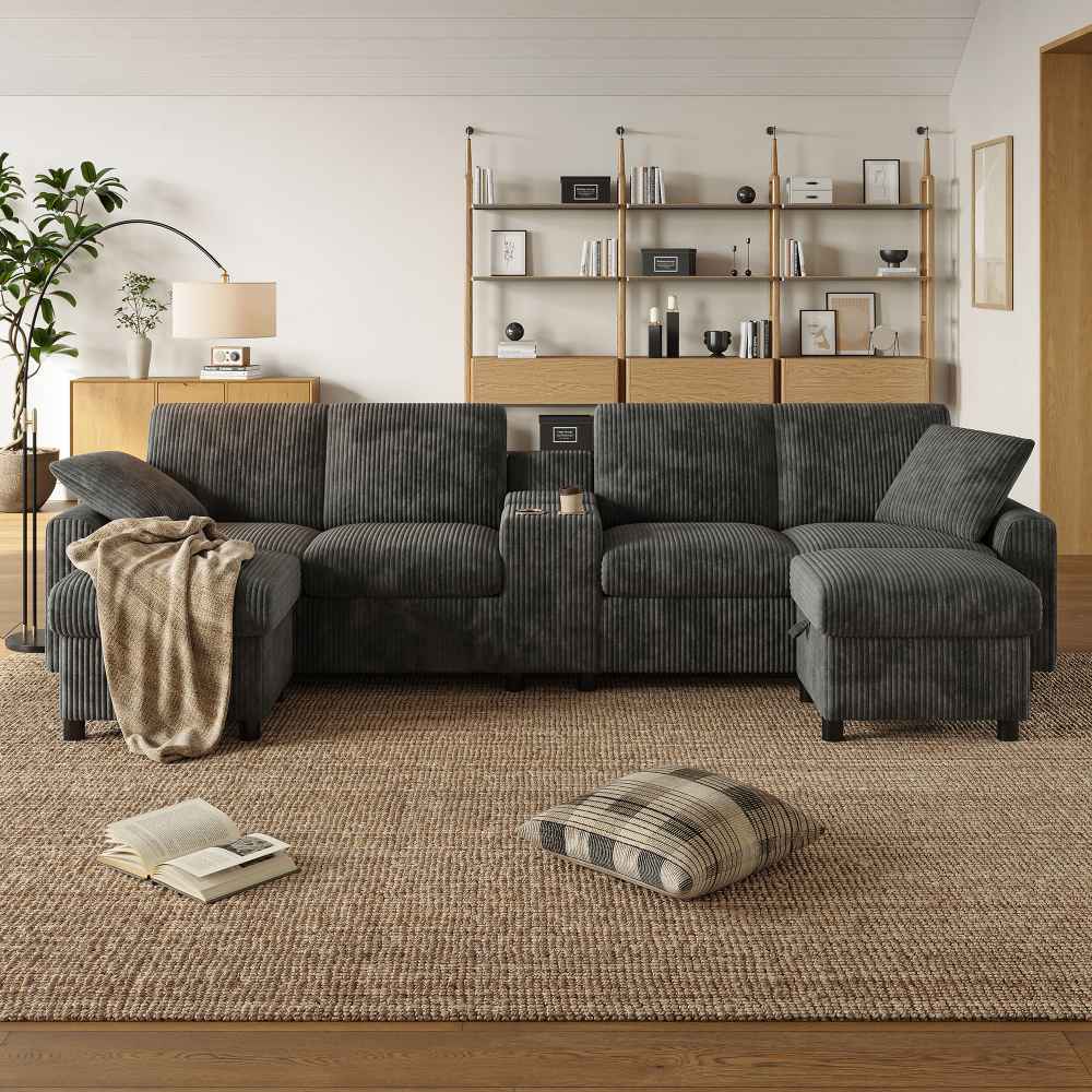 Sofa w kształcie litery U z aksamitu z 2 pufami ze schowkiem, stolikiem kawowym, uchwytem na napoje, gniazdami USB, typu C i gniazdkami elektrycznymi