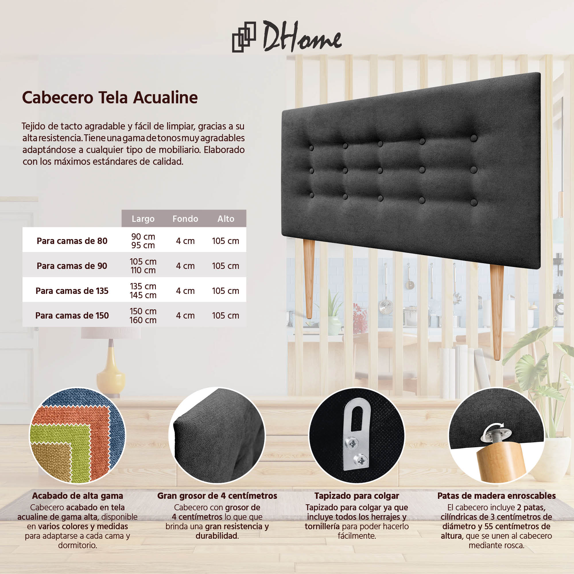 DHOME Testiera imbottita in lana liscia con gambe arrotondate per parete, acustica e fonoassorbente, testiera da letto (Arancione, 100cm) | Leroy Merlin