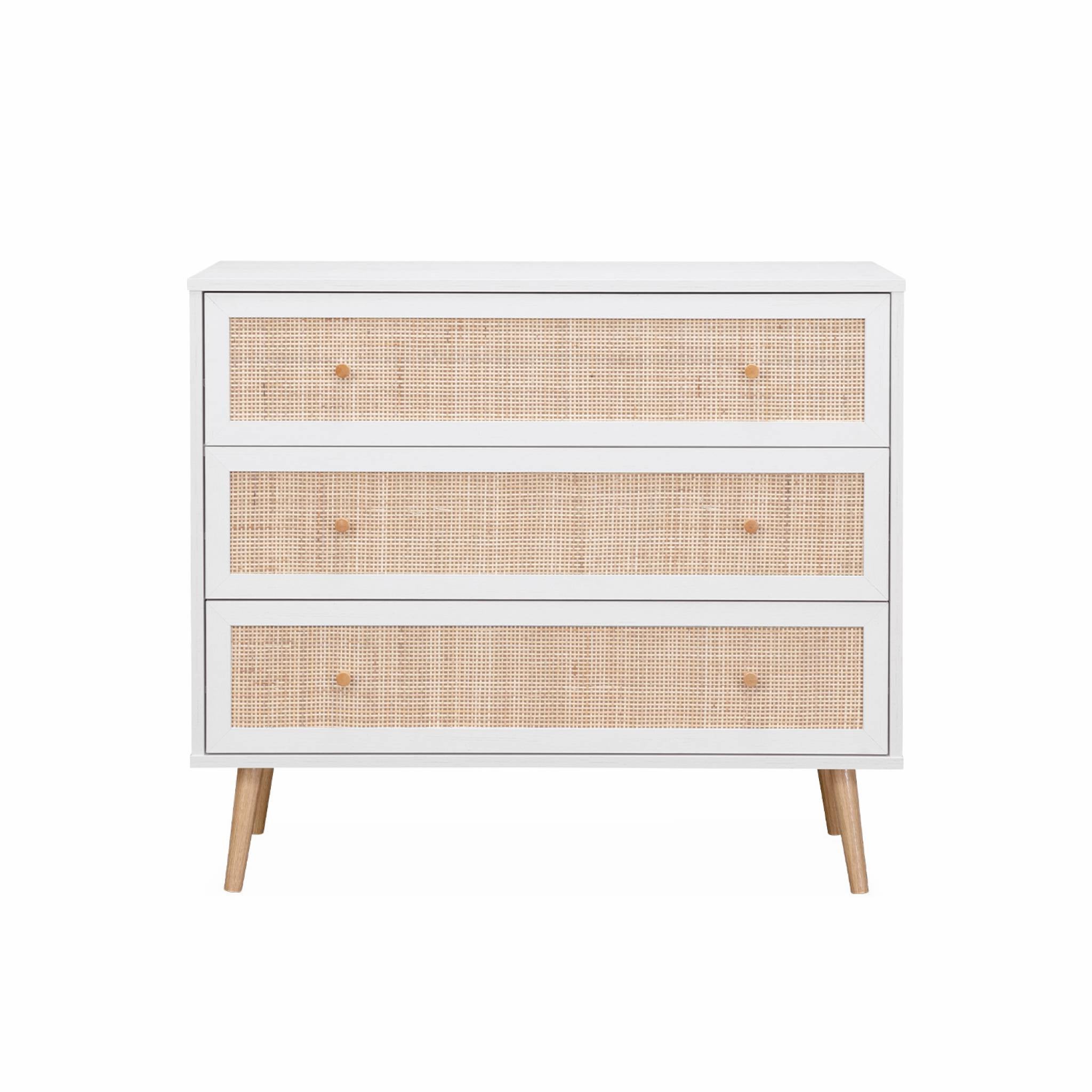 Commode en décor bois blanc et cannage 90x39x79cm - Bohème - 3 tiroirs - 3