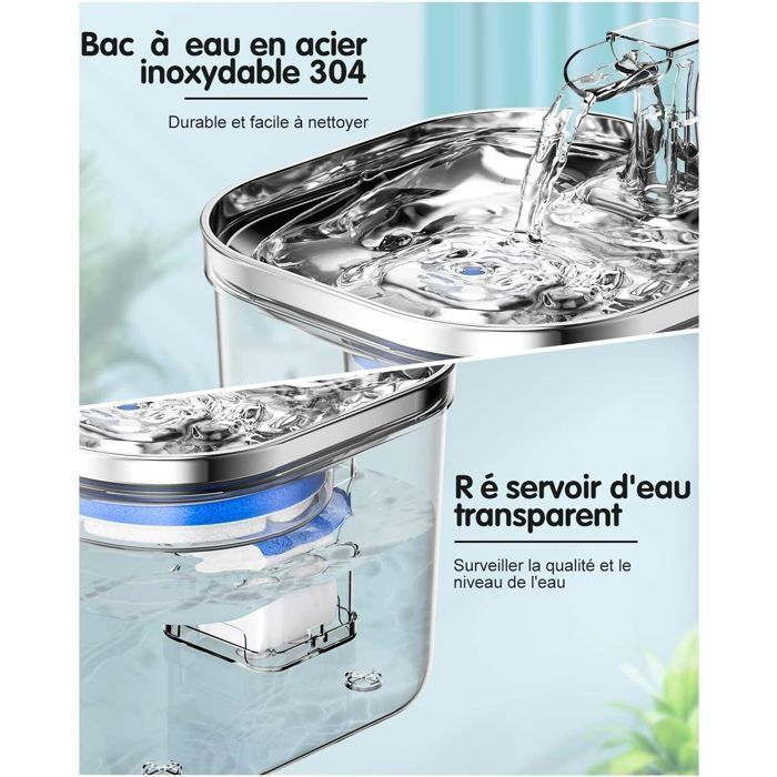 Fuente de agua para gatos - 2 litros - Ultra silenciosa - Nivel de agua visible - Filtro de triple acción - 6