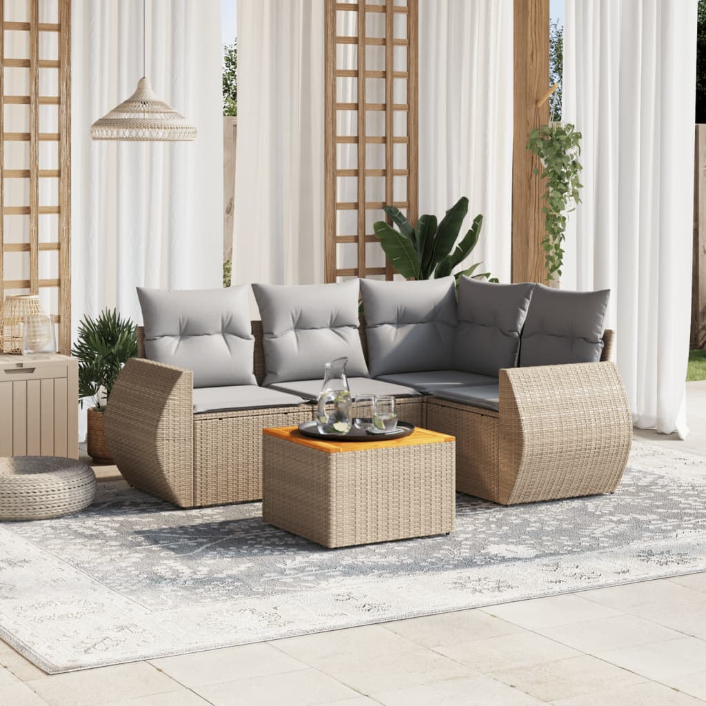 Salon De Jardin 5 Pièces En Résine Tressée Beige VidaXL - Complet Avec Coussins, Neuf