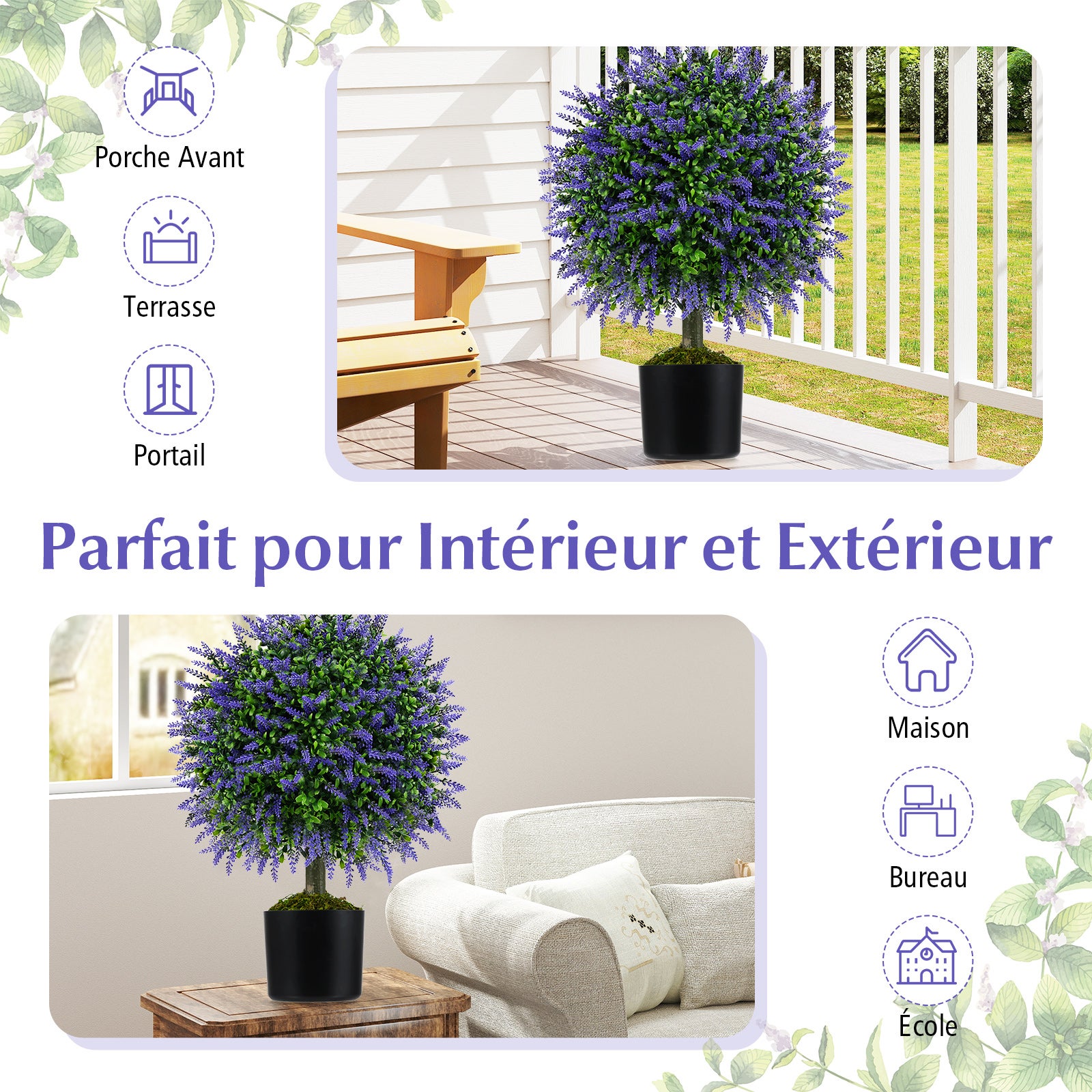 Lot de 2 Boules de Lavandes Artificielles de 58&nbsp;cm avec Pot en Ciment, Arbuste Artificiel pour Intérieur Extérieur, Décoration - 8