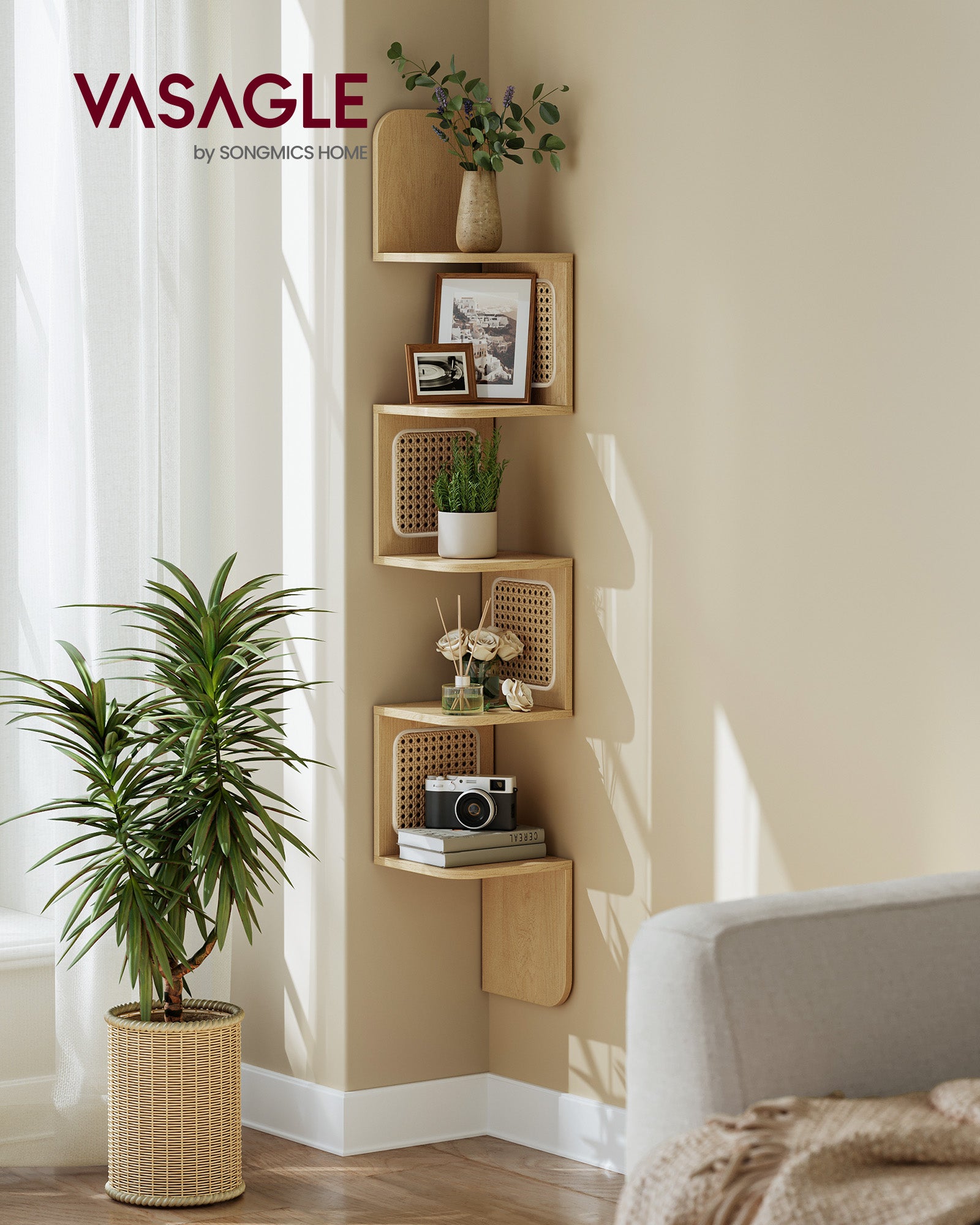 Étagère d’Angle, Étagère Murale Flottante à 5 Niveaux, Côtés en Rotin PVC, Style Boho, Couleur Chêne Beige - 2