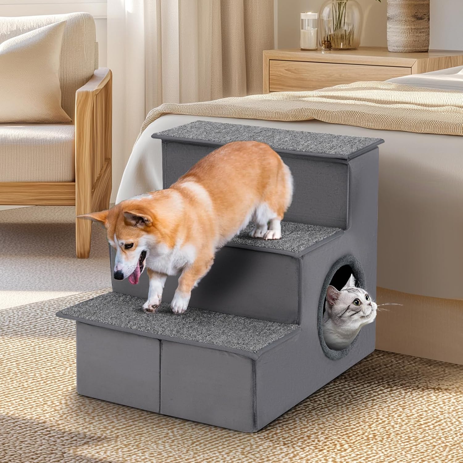 Scala Per Cani E Gatti A 3 Gradini - Antiscivolo, Pieghevole, Con Cuccia Morbida, Grigio