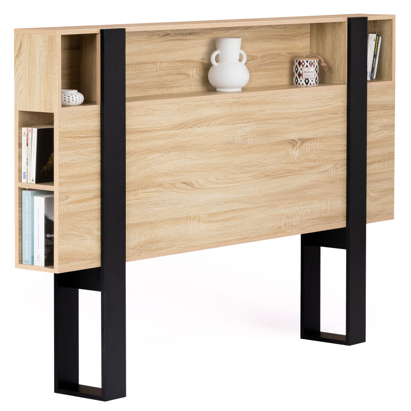 Tête de lit sur pied PHOENIX 160 cm avec rangements bois et noir - 2
