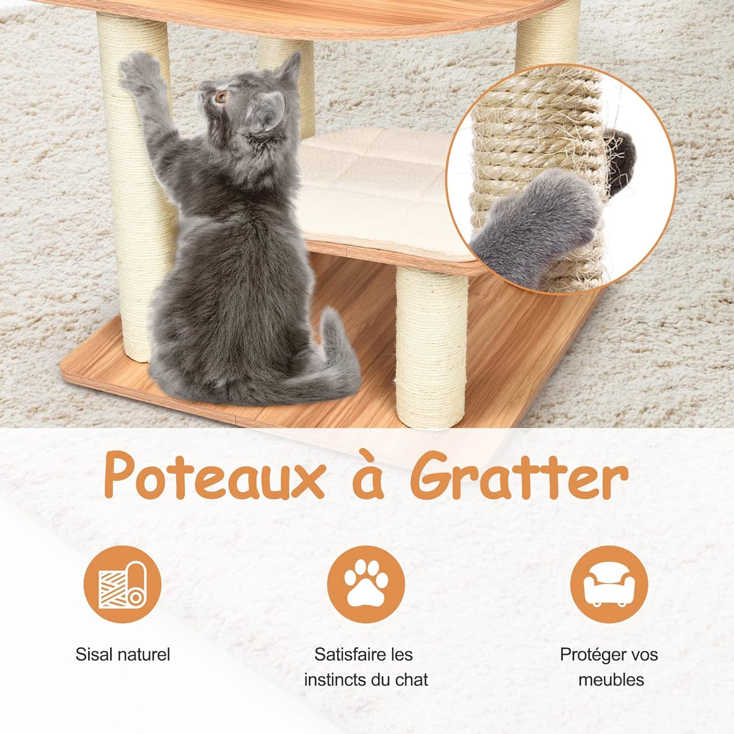 Grand Arbre a Chat 175 CM en Bois, 6 Niveaux, avec Plateformes, Coussins Confortables, Poteaux en Sisal, Conception Anti-Bascule, Naturel - 4
