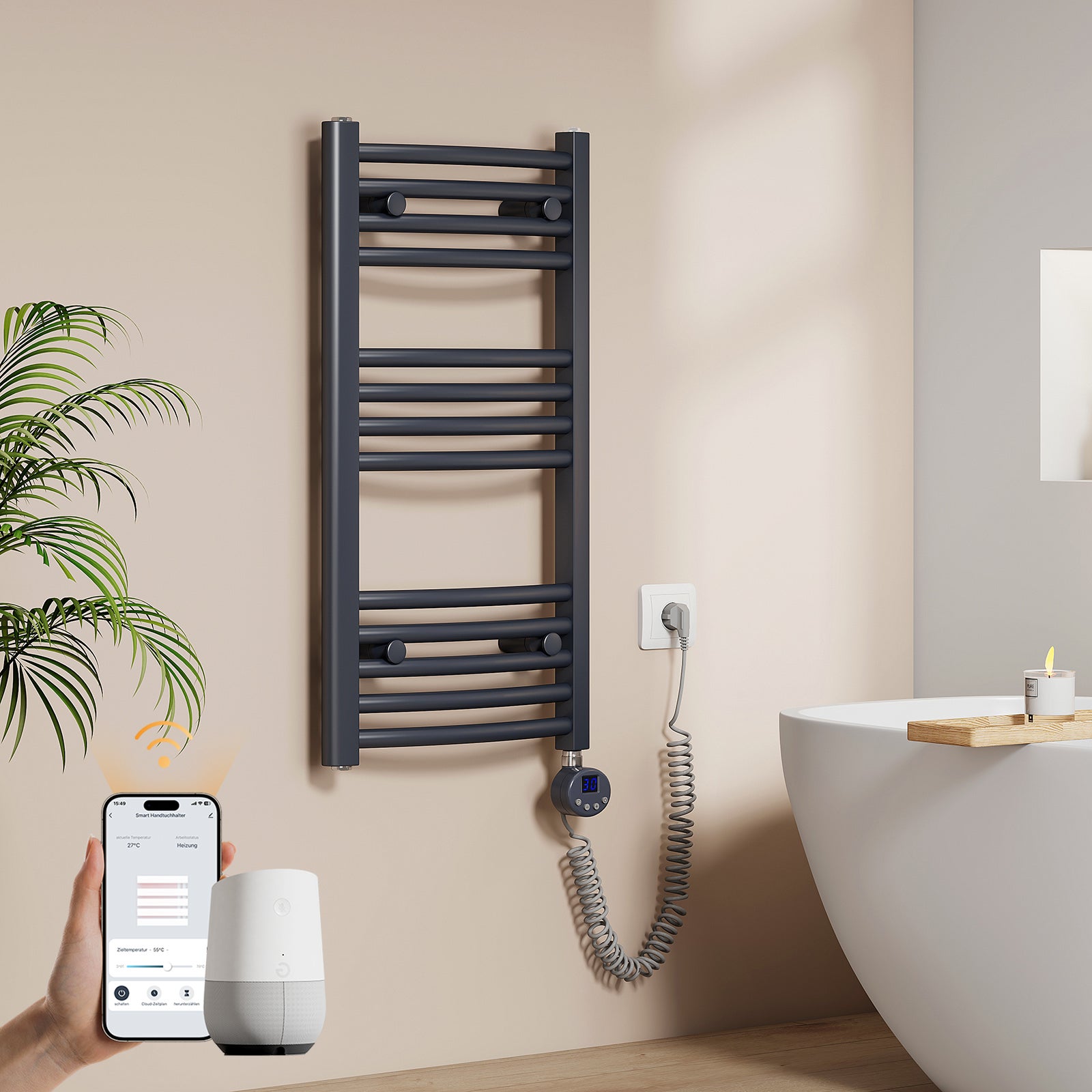 EMKE Grzejnik elektryczny łazienkowy Wygięta 75x40cm - Inteligentne Sterowanie z Programatorem Tygodniowym w Aplikacji - 246W - Matowy Antracyt