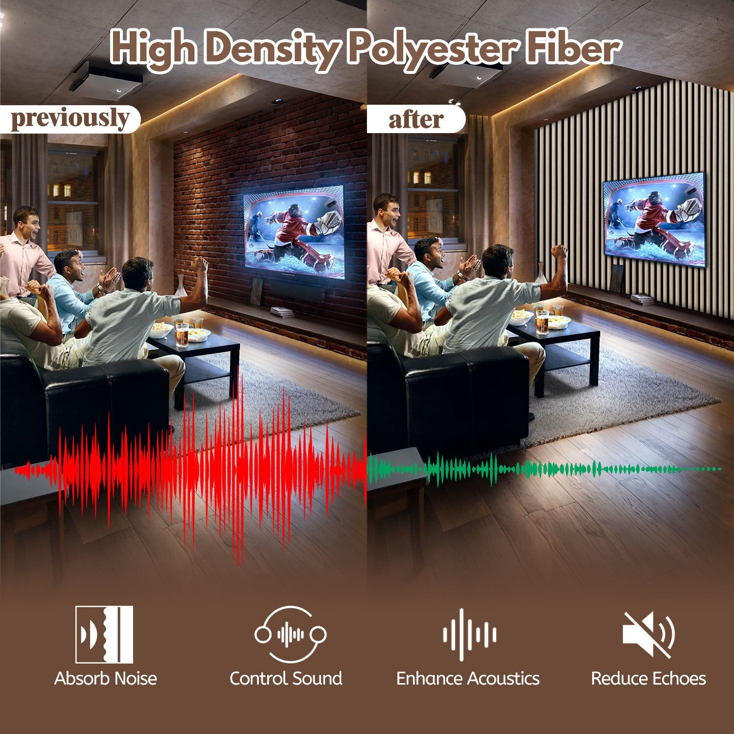 Lote de 4 paneles acústicos semicirculares para pared listones MDF madera moderna 120 x 60 x 2,1 cm - Panel MDF madera roble - 5
