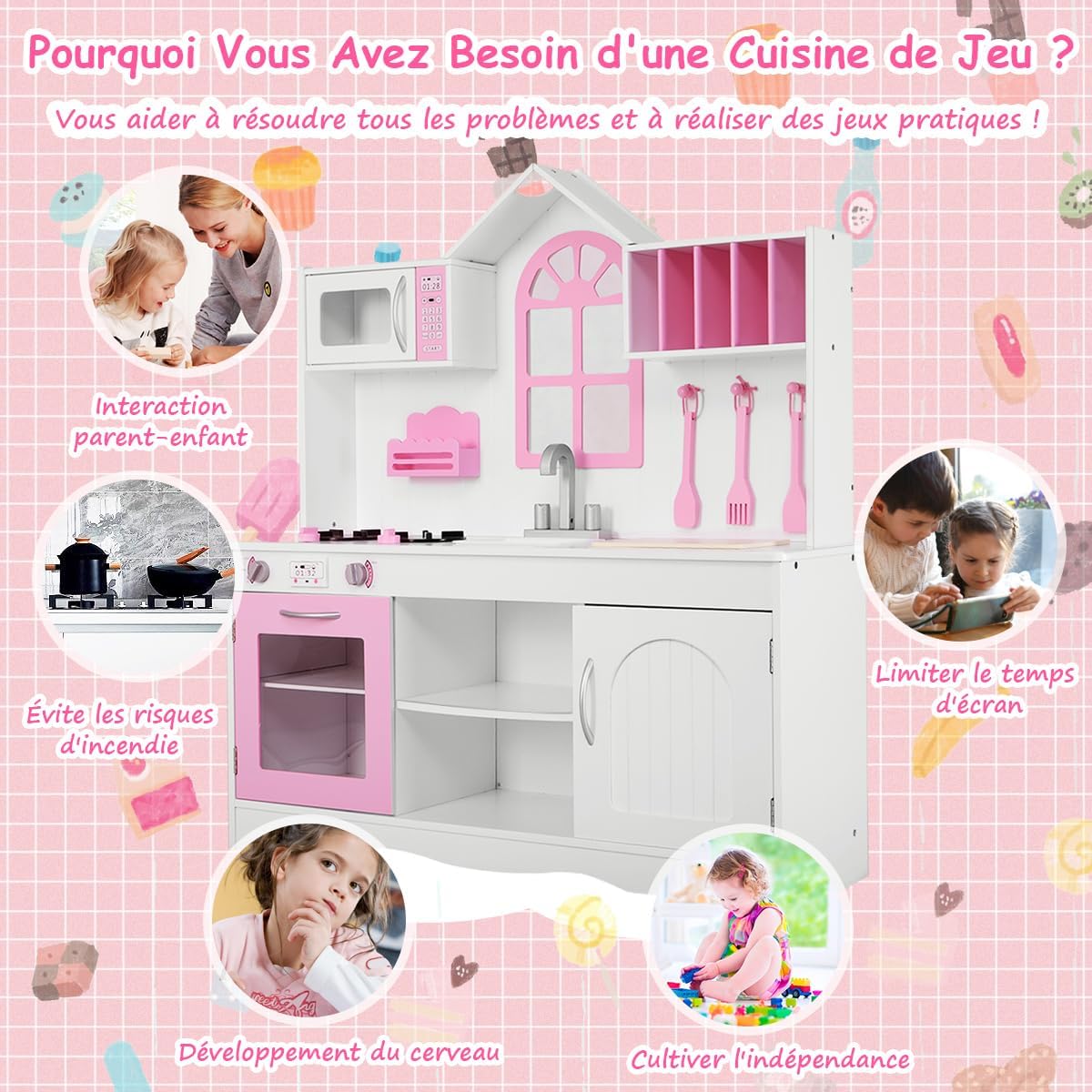 Cucina Giocattolo per Bambini, Cucina Legno per Bambini con Forno, Microonde, Lavello e Rubinetto, con Accessori da Cucina, per Bambini 3+ Ann - 3