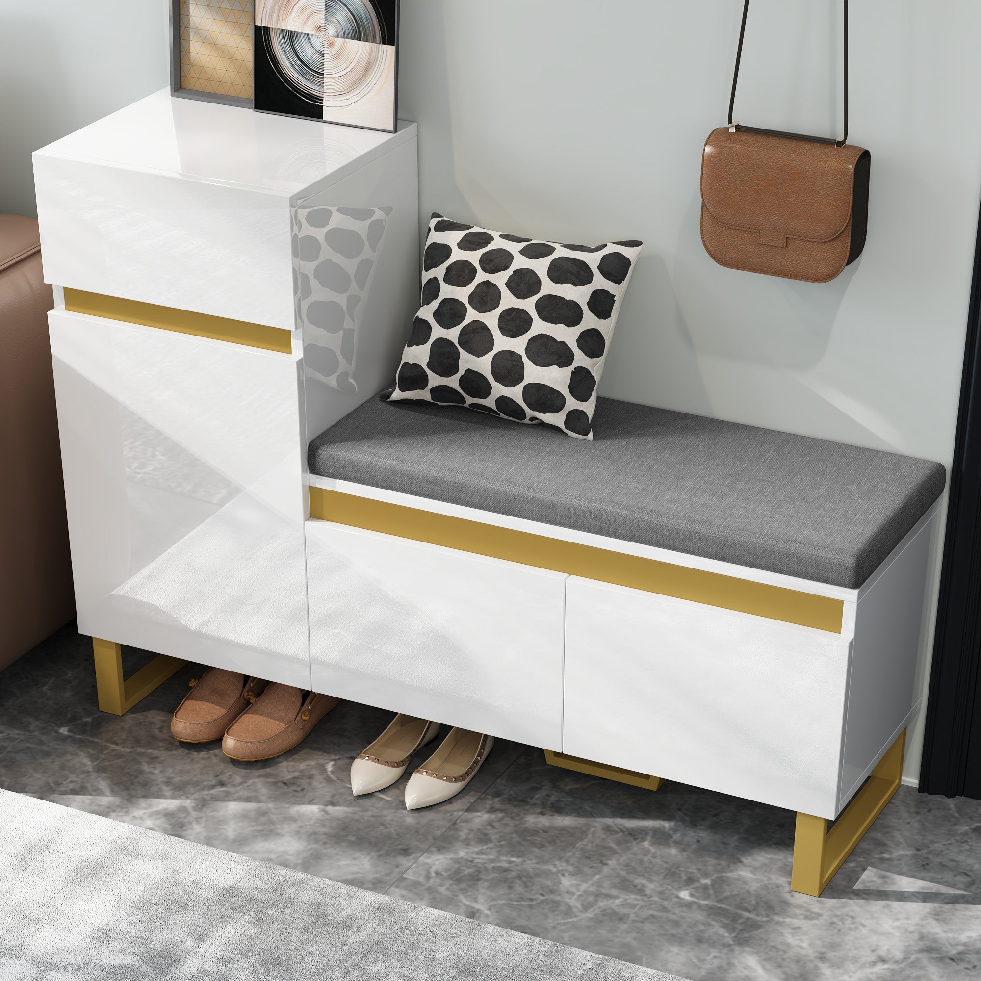 Szafka na buty z ławką, poduszką, 3 drzwiami i 1 szufladą - 120 x 35 x 85 cm - MDF - biała - 7
