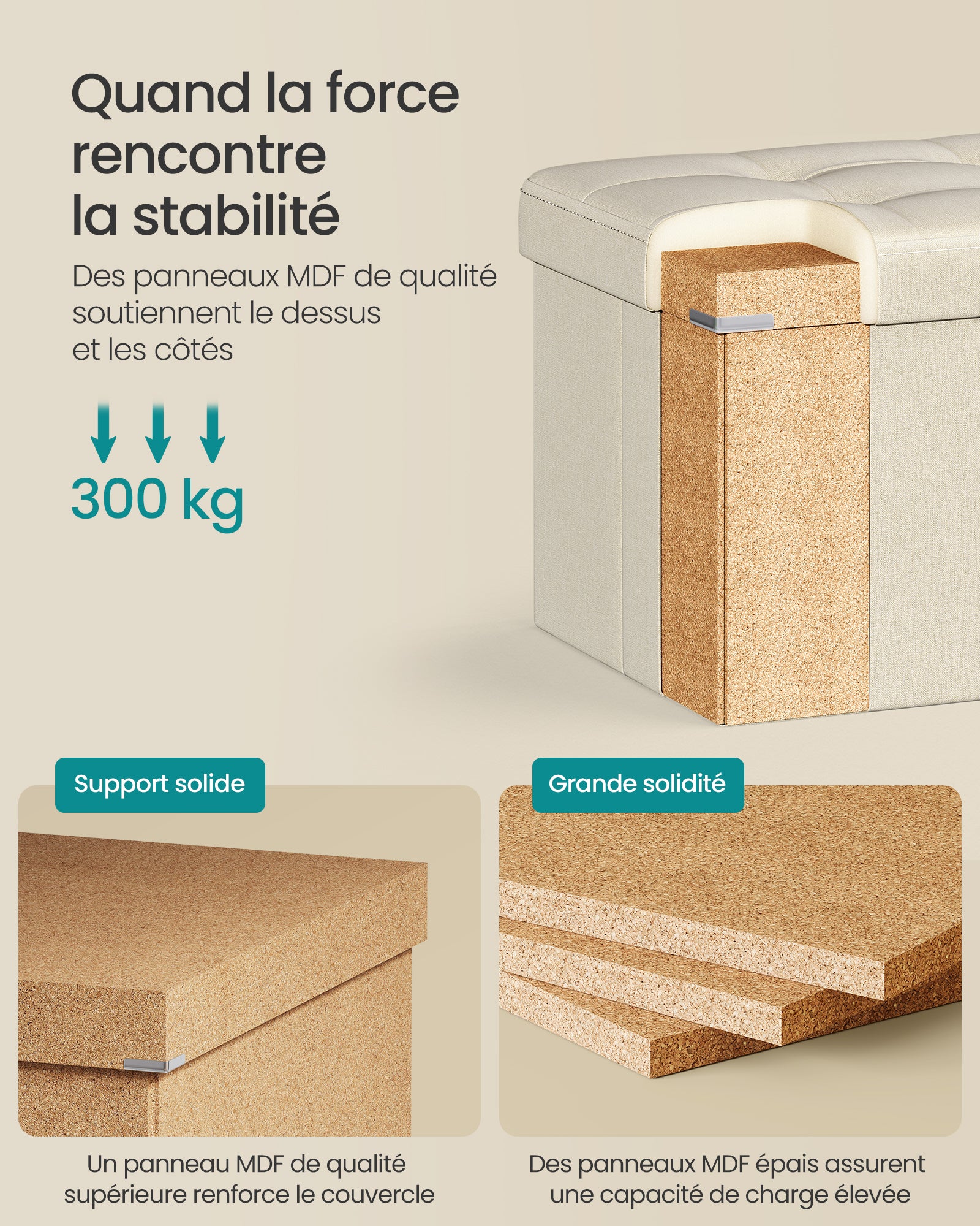 Banc de Rangement Pliable de 110 cm, Coffre de Rangement, Tabouret Repose-Pieds, Pouf de Chambre, Beige - 3