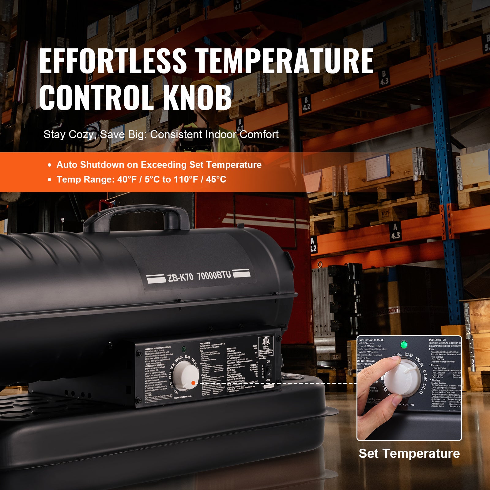 Chauffage portatif SucceBuy kérosène / diesel 70 000 BTU avec thermostat et réservoir 19 L, idéal maison, atelier, chantier et usage industriel - 5