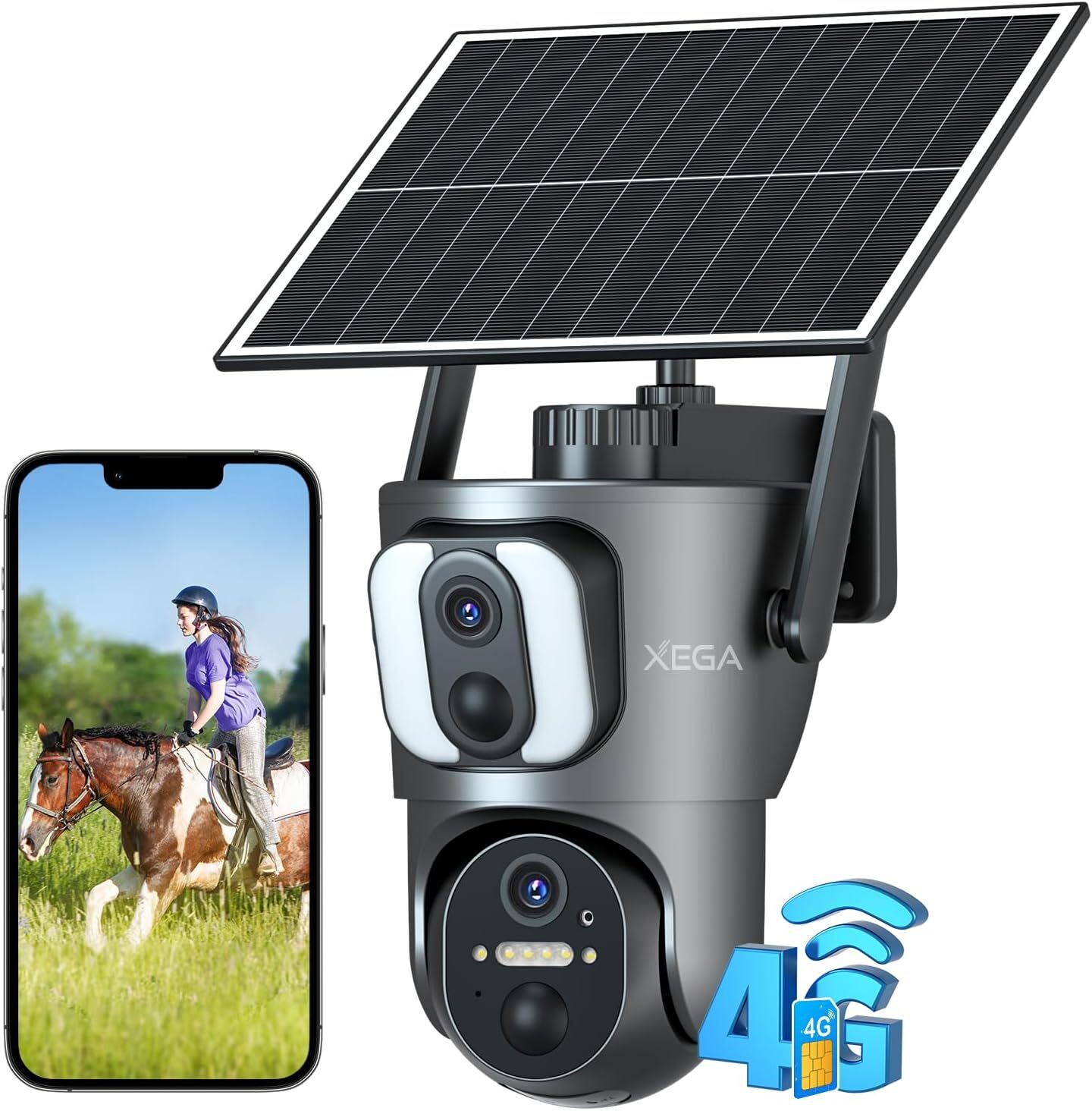 Xega 4G LTE Kamera do monitoringu solarna z podwójnym obiektywem, kamera zewnętrzna 2K HD, bateria 14400mAh, detekcja osób, widzenie nocne