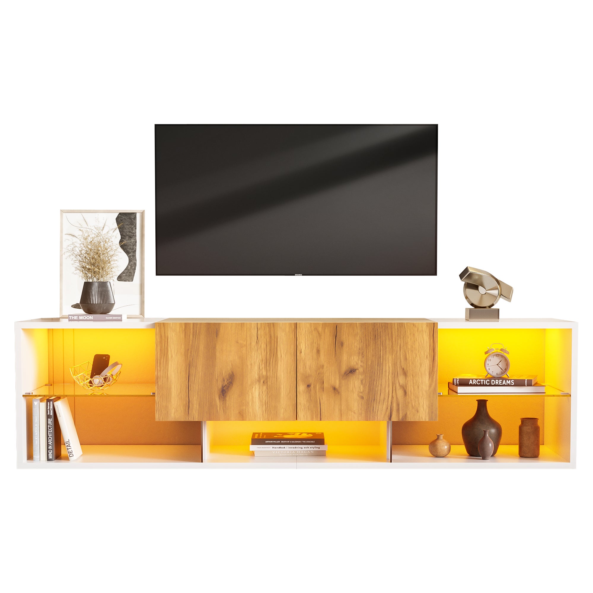 Meuble TV avec 2 tiroirs et 4 compartiments - 160 x 40 x 42 cm - LEDs - Panneau de particules et étagères en verre - Chêne + blanc Antique - 7