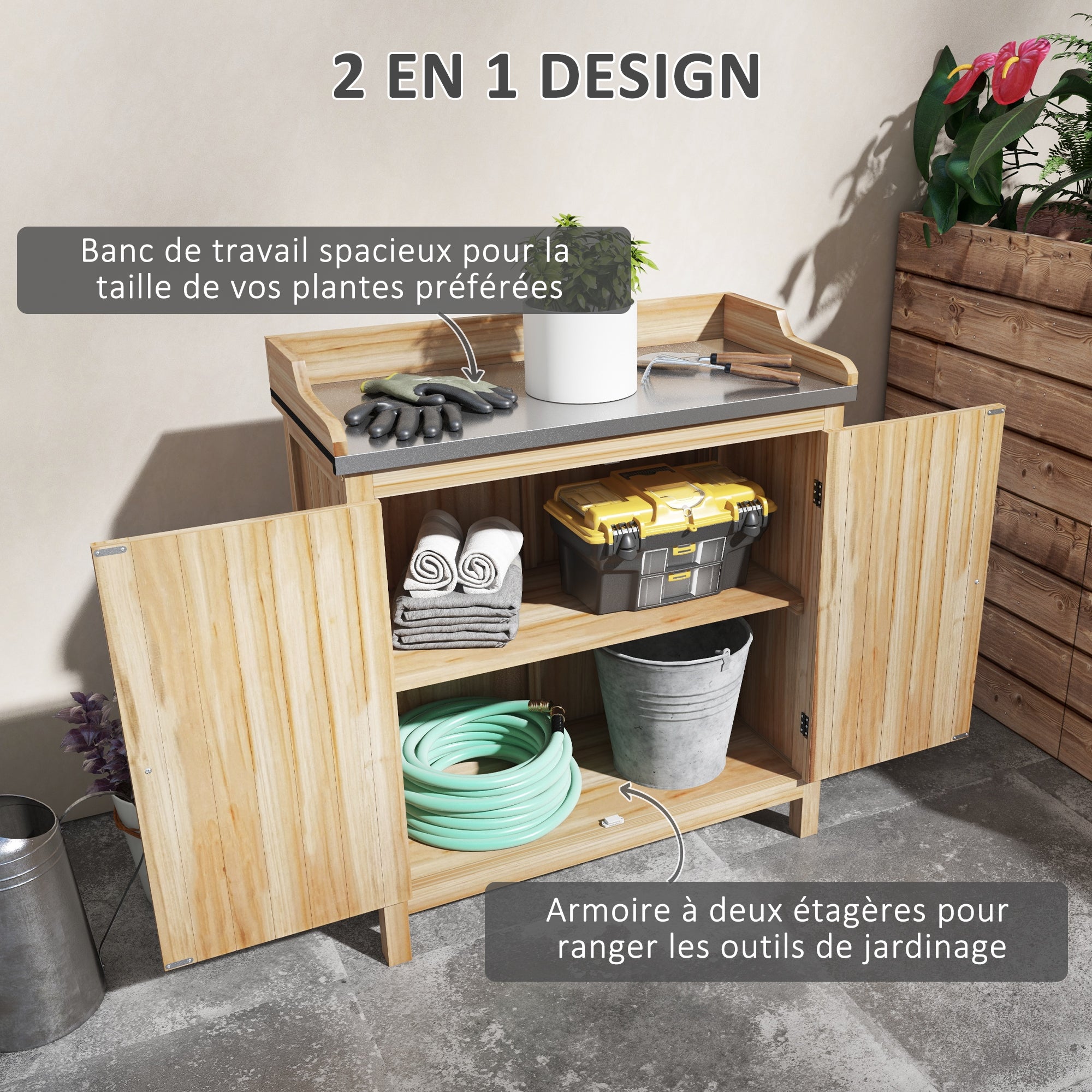 Table de rempotage armoire de rangement avec 2 étagères, plateau galvanisé patins antidérapants en bois sapin - 6