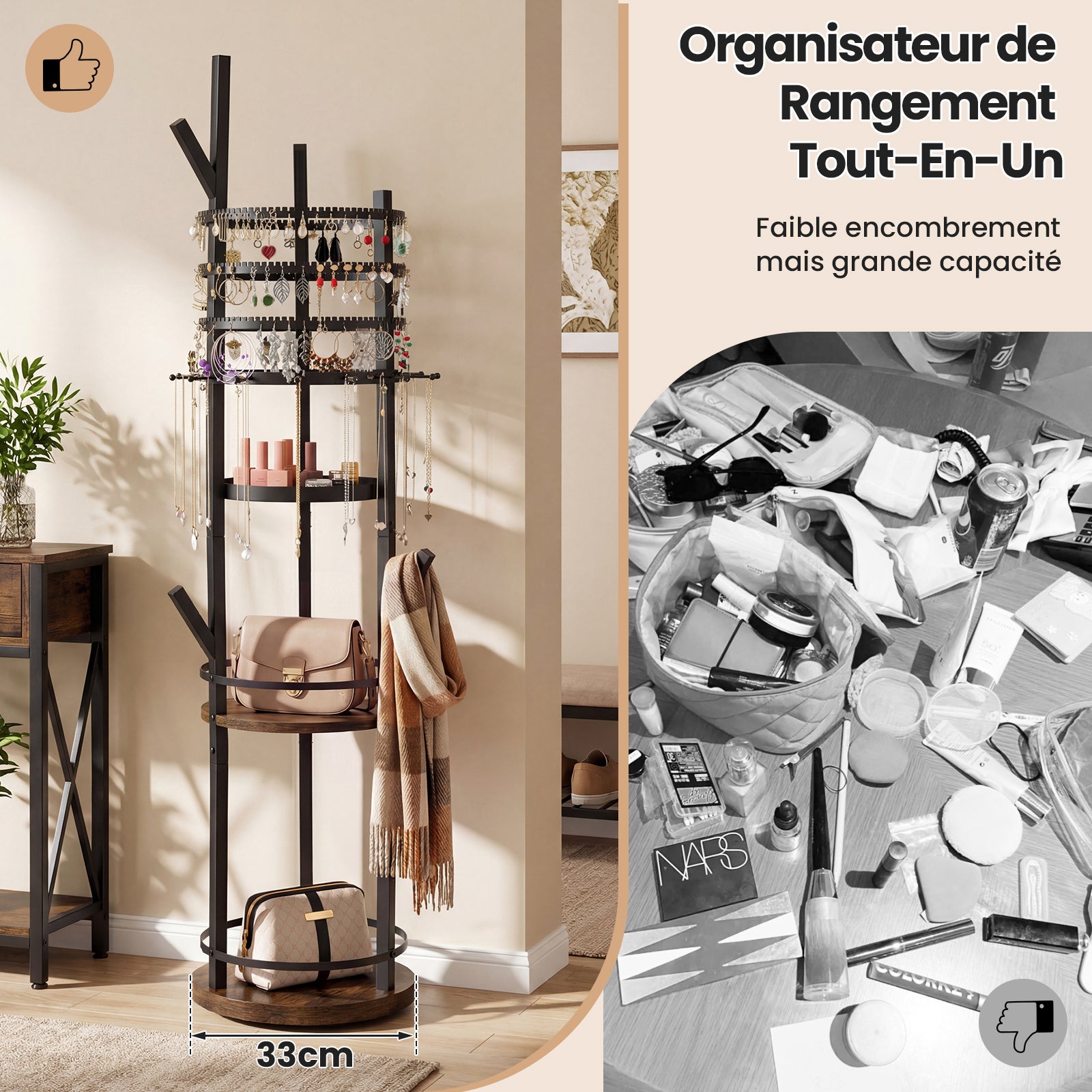 Support Organiseur pour Bijoux, Arbre à Bijoux Pivotant à 360° avec Crochets pour Boucles d'Oreilles et Colliers, 3 Étagères de Rangement, Marron - 6