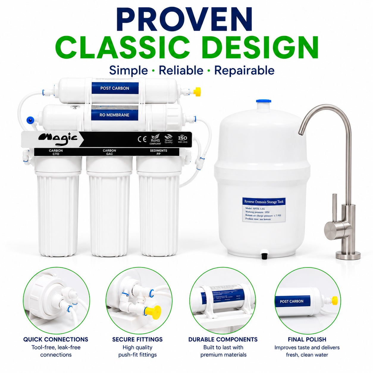 Sistema de Osmose Reversa MAGIC de 5 Estágios 75GPD – NSF - 9
