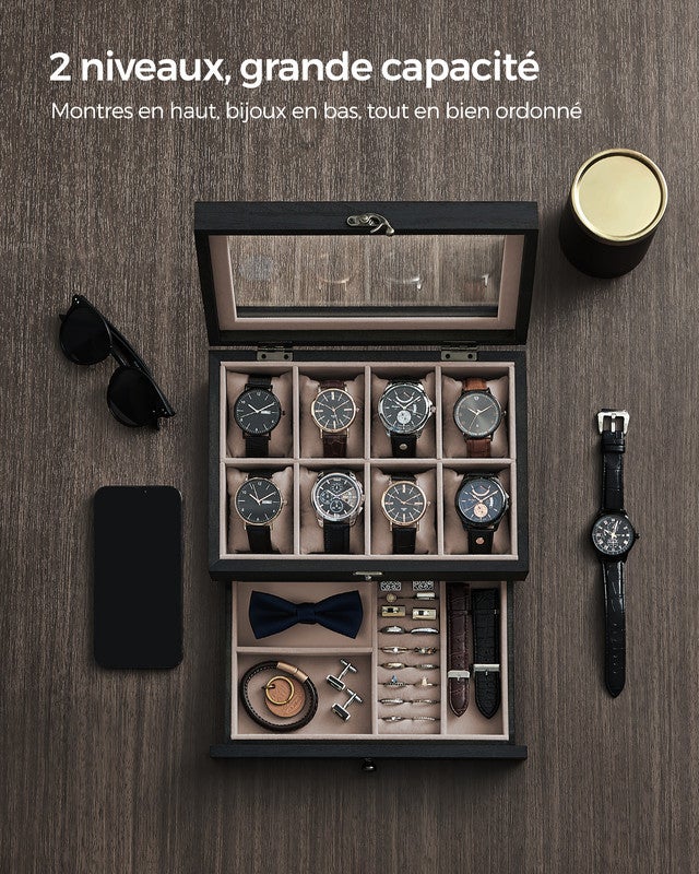 Boîte à Montres 8 Emplacements, Écrin à Montres en Bois, avec Couvercle en Verre, Coussinets pour Montres, Doublure en Velours, Noir Boisé - 6