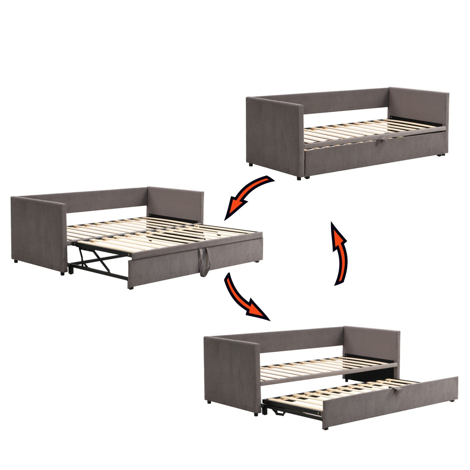 Canapé convertible lit 90/180x200 cm, avec lit gigogne, sommier à lattes, structure métallique, revêtement en velours, lit double - Gris - 4