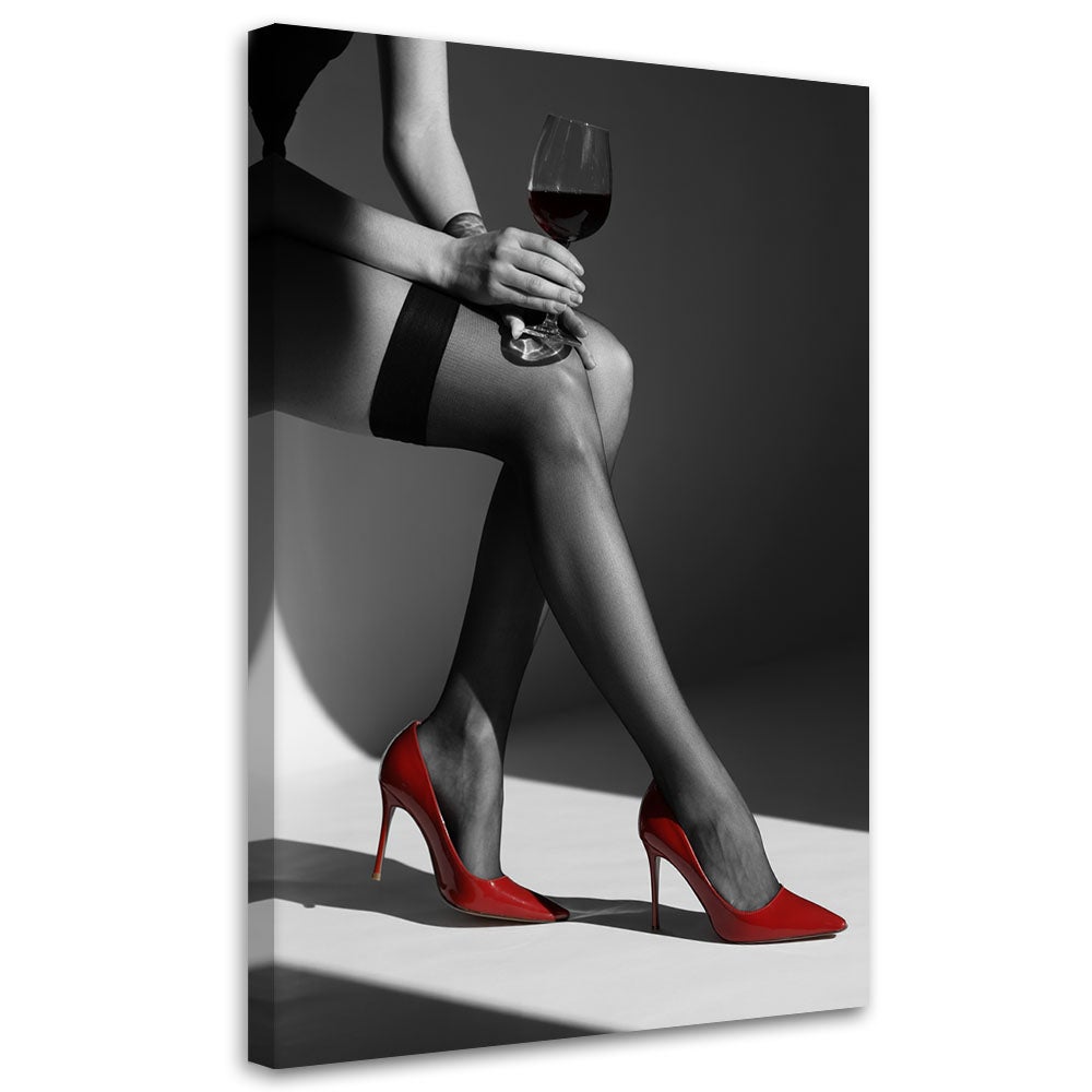 Obraz, Elegancka Kobieta z lampką wina w szpilkach 60x90