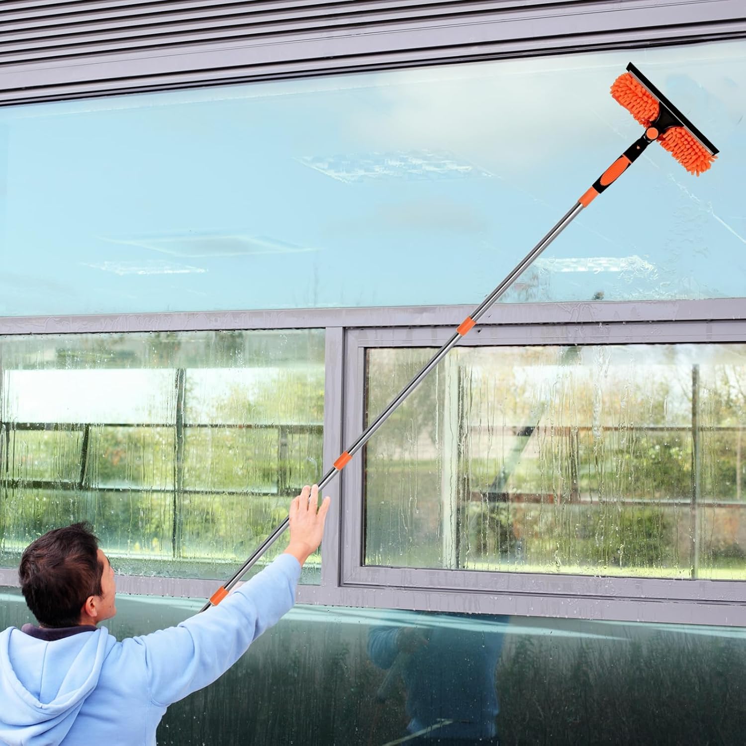 4,3 m Lave-vitres télescopique 2 en 1 avec manche long, grattoir et chiffon nettoyage pour fenêtres hautes, murs et voitures - 5