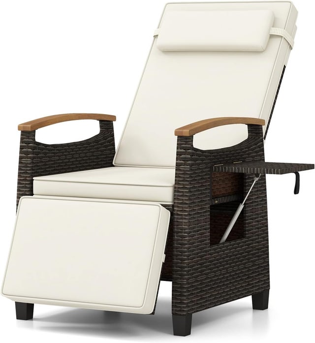 Silla Reclinable Jardin, Sillón de Ratán con Respaldo y Reposapiés Ajustables, Mesita Abatible, Reposacabezas Extraíble y Reposabrazos de Madera