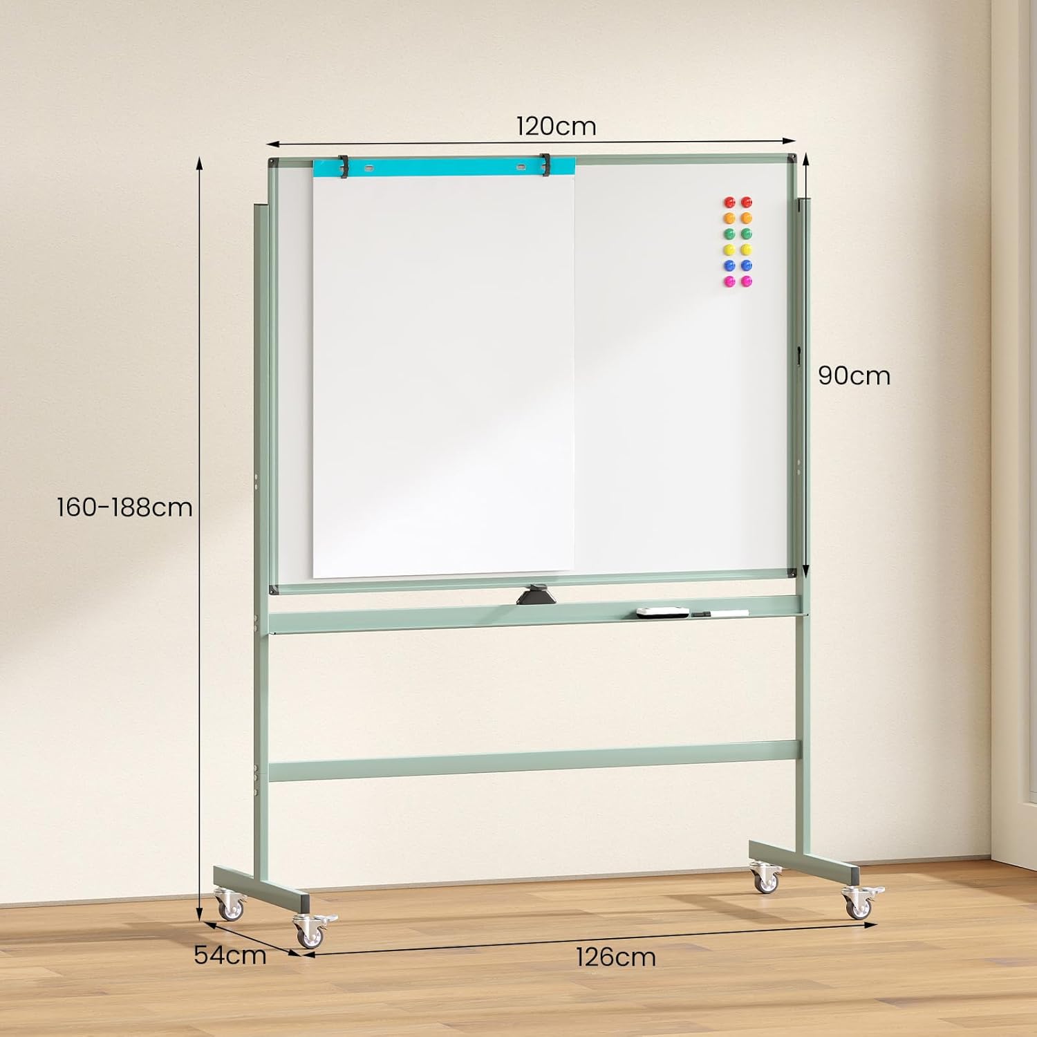 Tablica Suchościeralna o Regulowanej Wysokości 160–188 cm, Dwustronna, Magnetyczna Tablica biała Obracana o 360° z 4 Kółkami, 12 Magnesami (Zielona) - 7