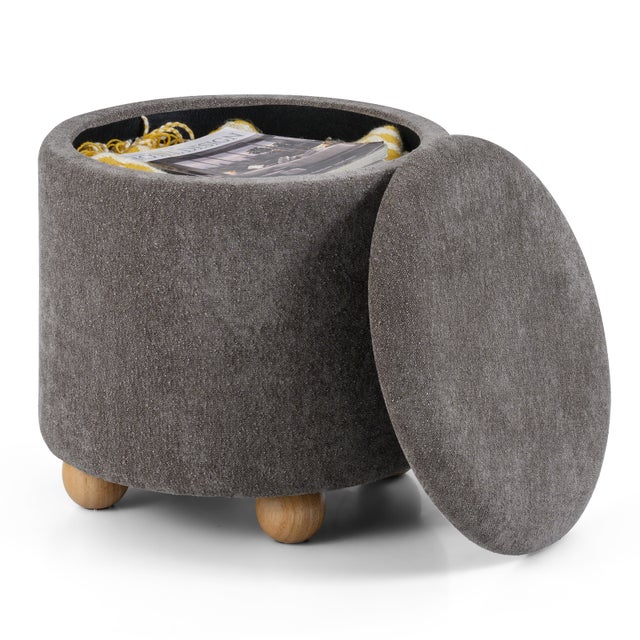 Pouf de Armazenamento Redondo, Descanso para Pés em Tecido Chenille de 44,5 CM com Tampa Removível, Pés em Madeira de Borracha, Espaço, Suporta 150 KG