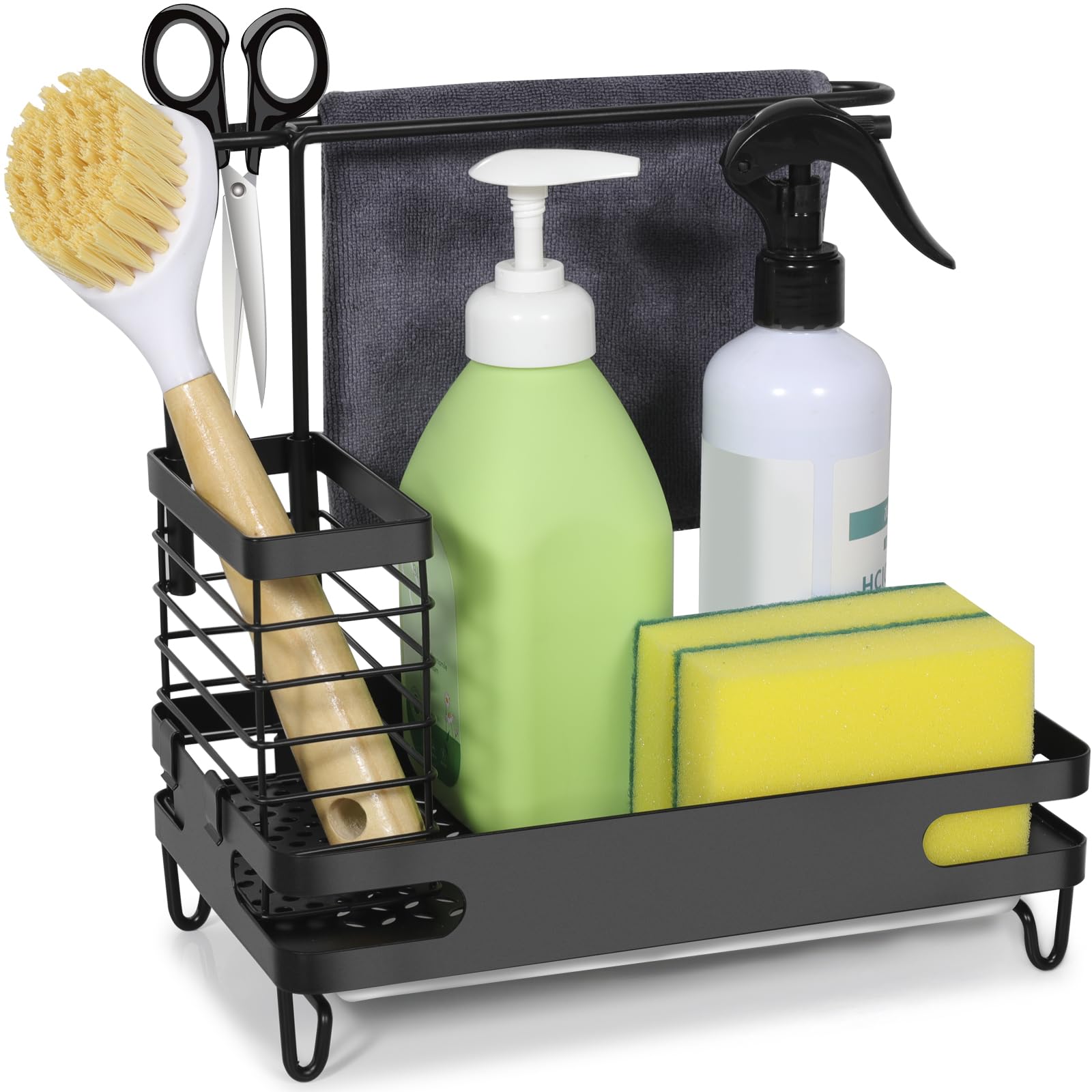 Organizer do zlewu kuchennego 4 w 1 z wyjmowanym ociekaczem i 2 haczykami, ze stali nierdzewnej