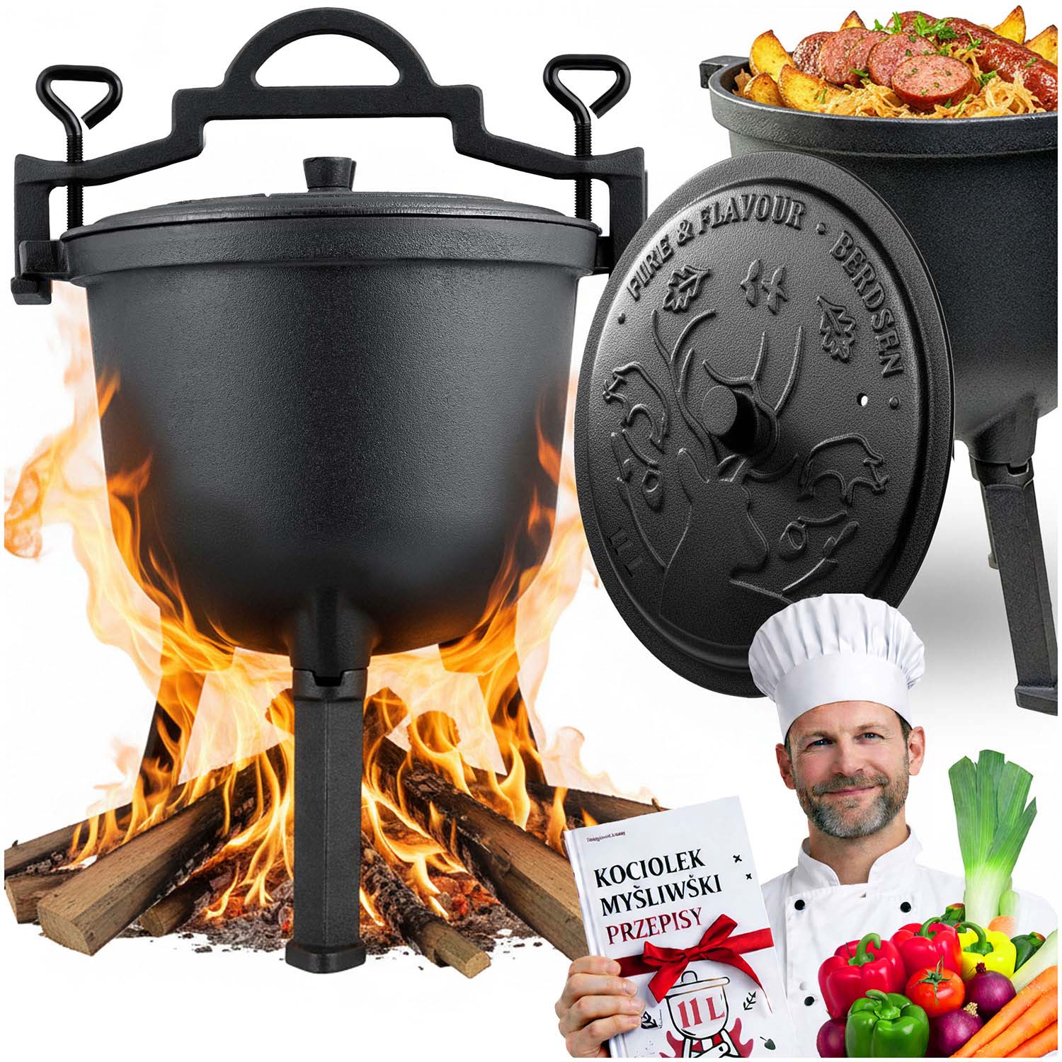 Kociołek żeliwny 11L Berdsen BD-482 garnek myśliwski pieczonki na ognisko grill + przepisy