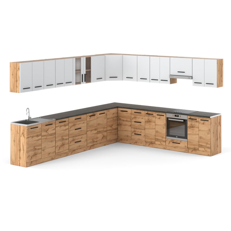 Kuchnia modułowa narożna pojemna nowoczesna 6.8m wotan biały mat dąb wotan