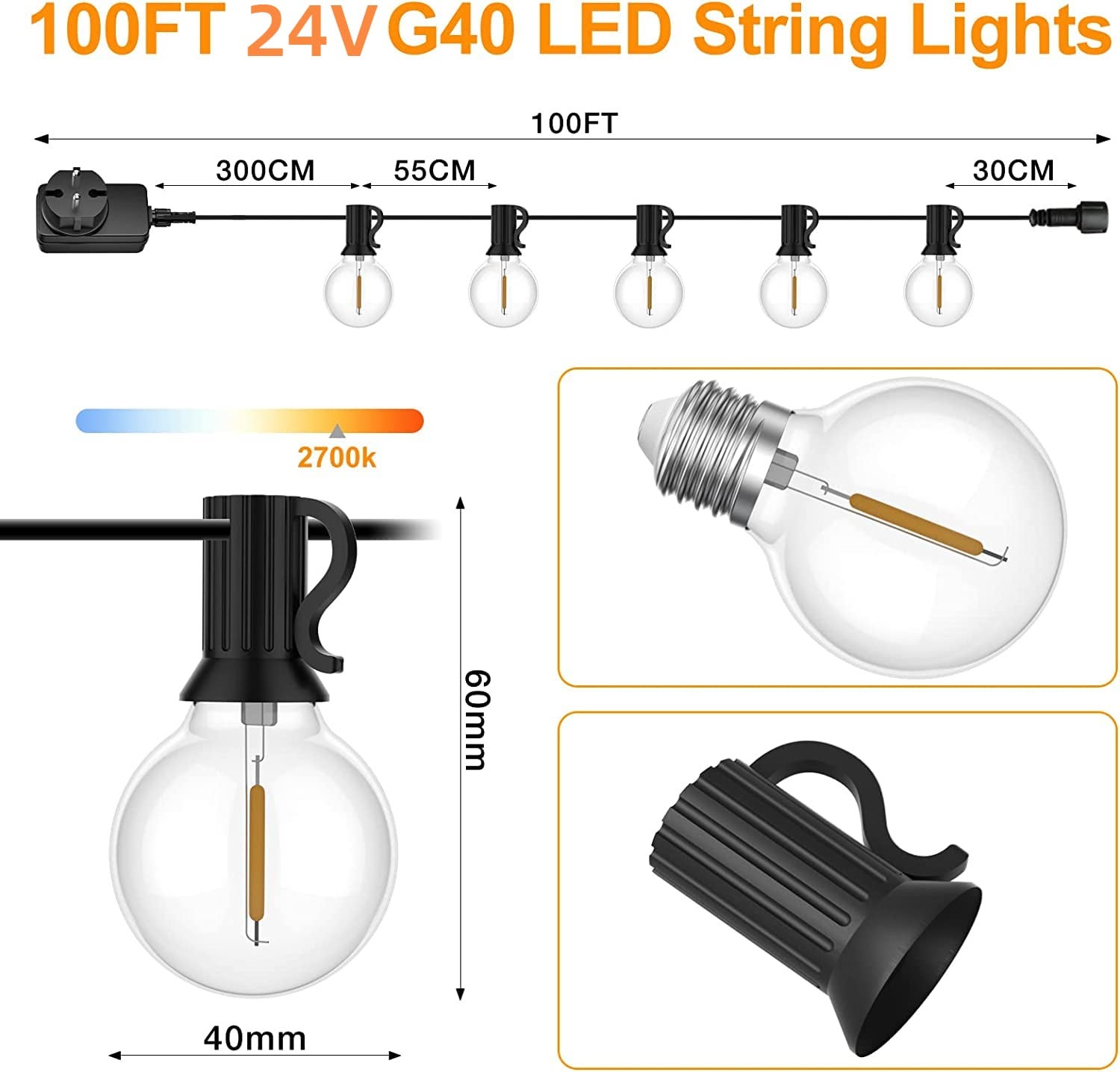 Guirlande Guinguette Extérieur 30M, Guirlande Lumineuse Exterieure avec 50 G40 LED Ampoules IP45 Imperméable, Blanc Chaud Chaîne Lumiere Exterieur - 3