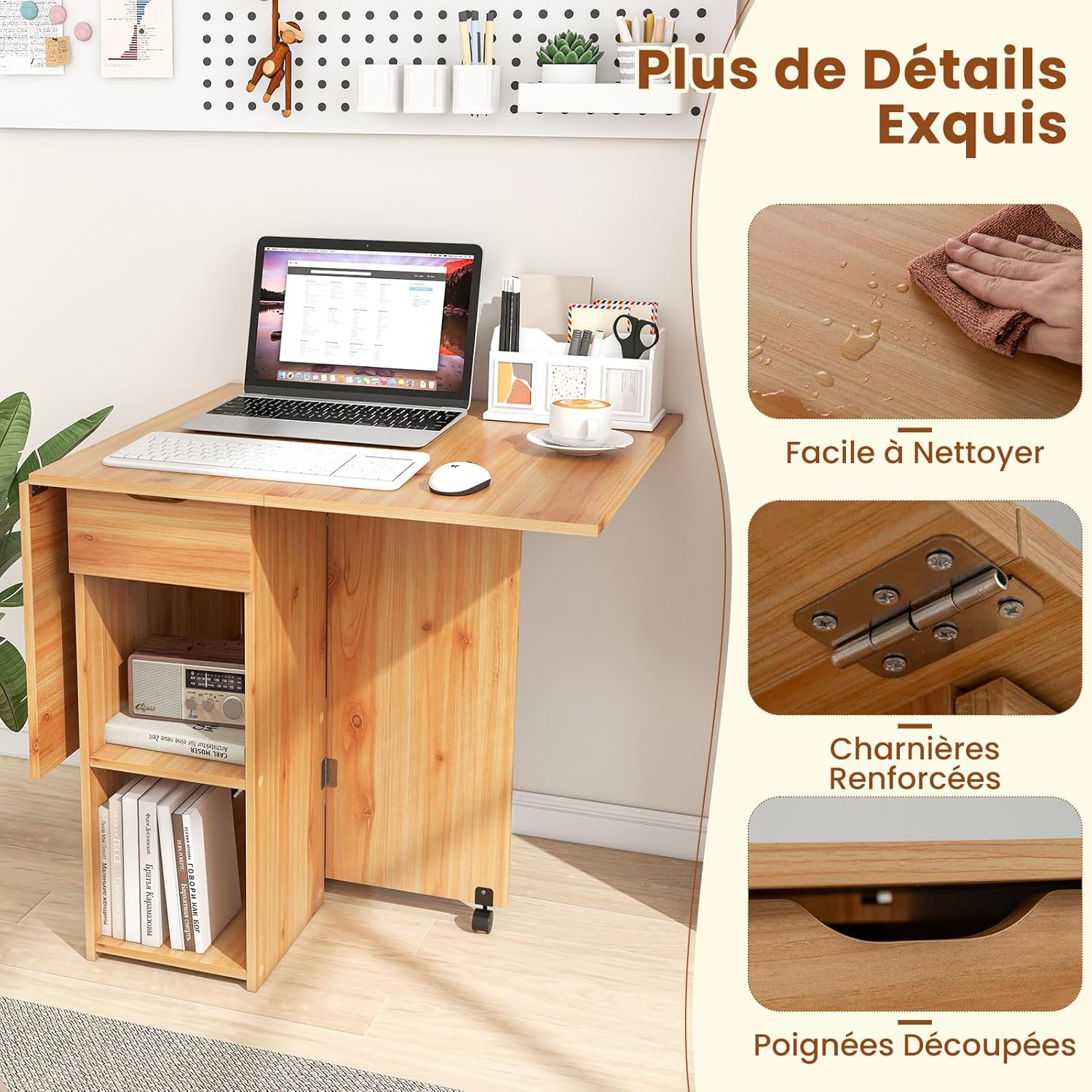 Mesa dobrável para cozinha, mesa dobrável interna com 1 gaveta e 2 prateleiras, mesa extensível para 4 pessoas, 34-120 x 72 x 75 cm (natural) - 7