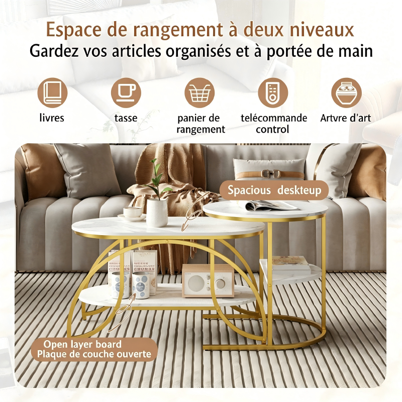 Meuble Table Basse,Table d'appoint, table de canapé 80 x 46 x 51,Table Marbre, Bout de Canapé, Blanc + doré, pour salon, chambre à coucher - 9