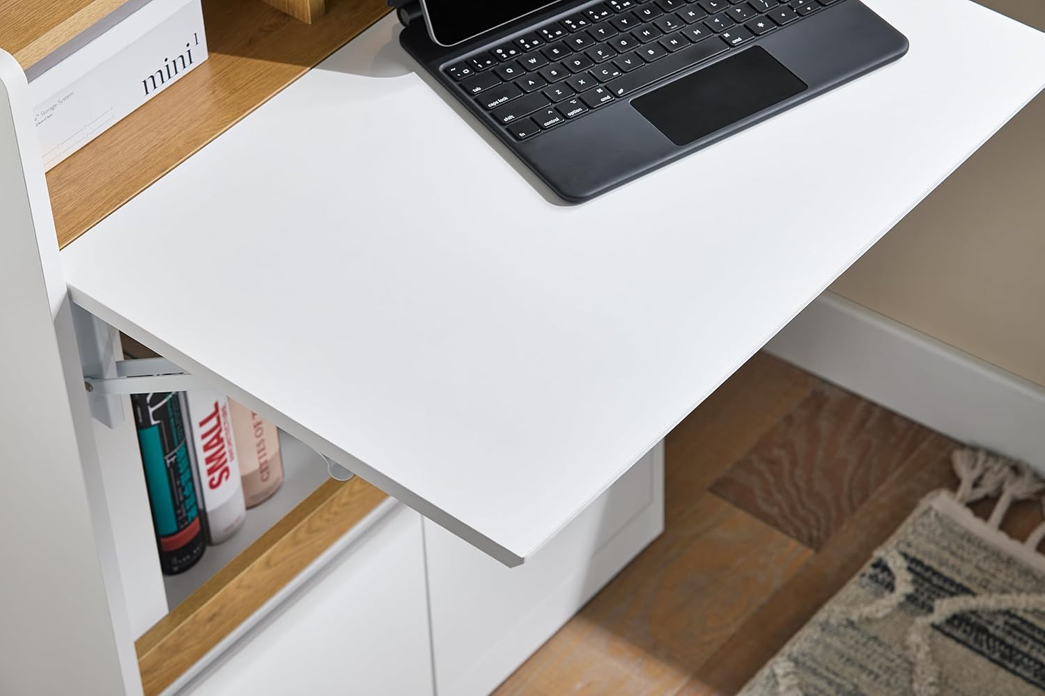 SoBuy Bureau Pliant Table d'Ordinateur Rabattable, Table de Bureau avec Étagères de Rangement, Blanc-Naturel FWT109-WN - 4
